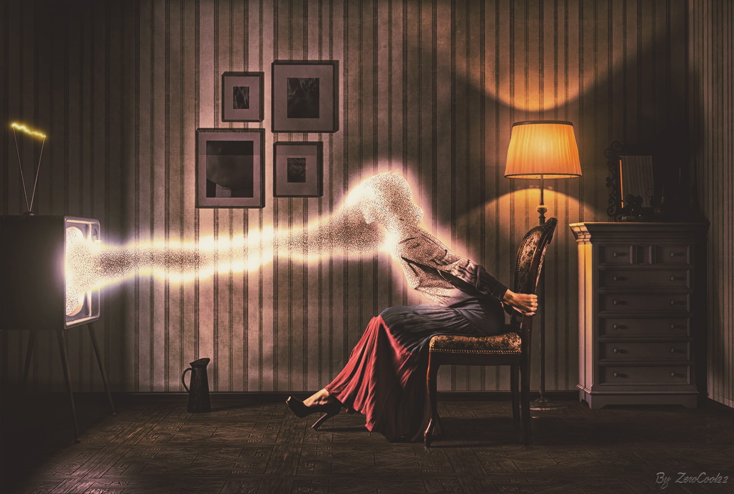 curtain, digital composite, illuminated, photo manipulation, domestic room, casual clothing, full length, TV, one person, indoors, seat, fashion, adult, HD Wallpaper
