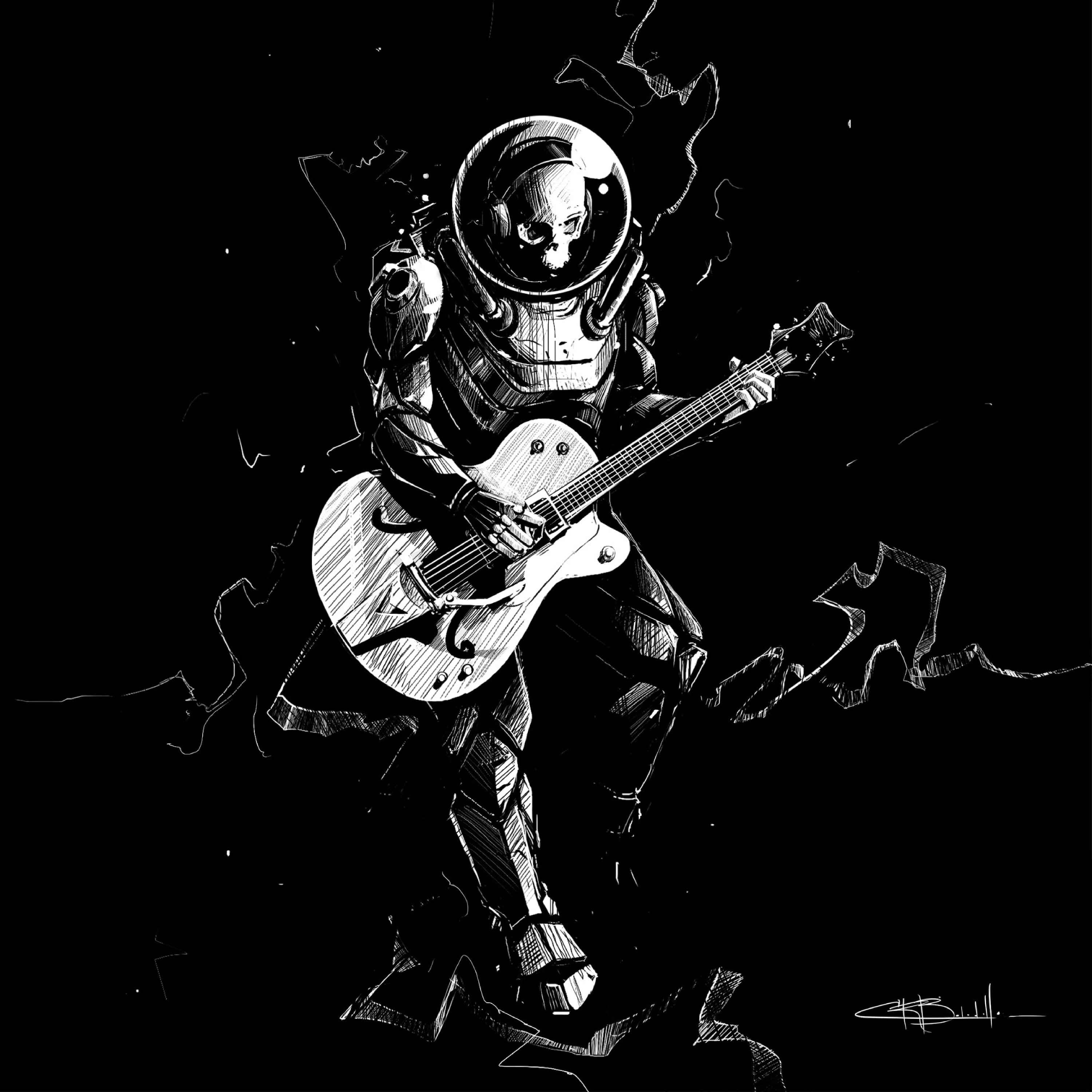 spacesuit, guitarist, art, skeleton, 2K, bw, guitar, Phone HD Wallpaper