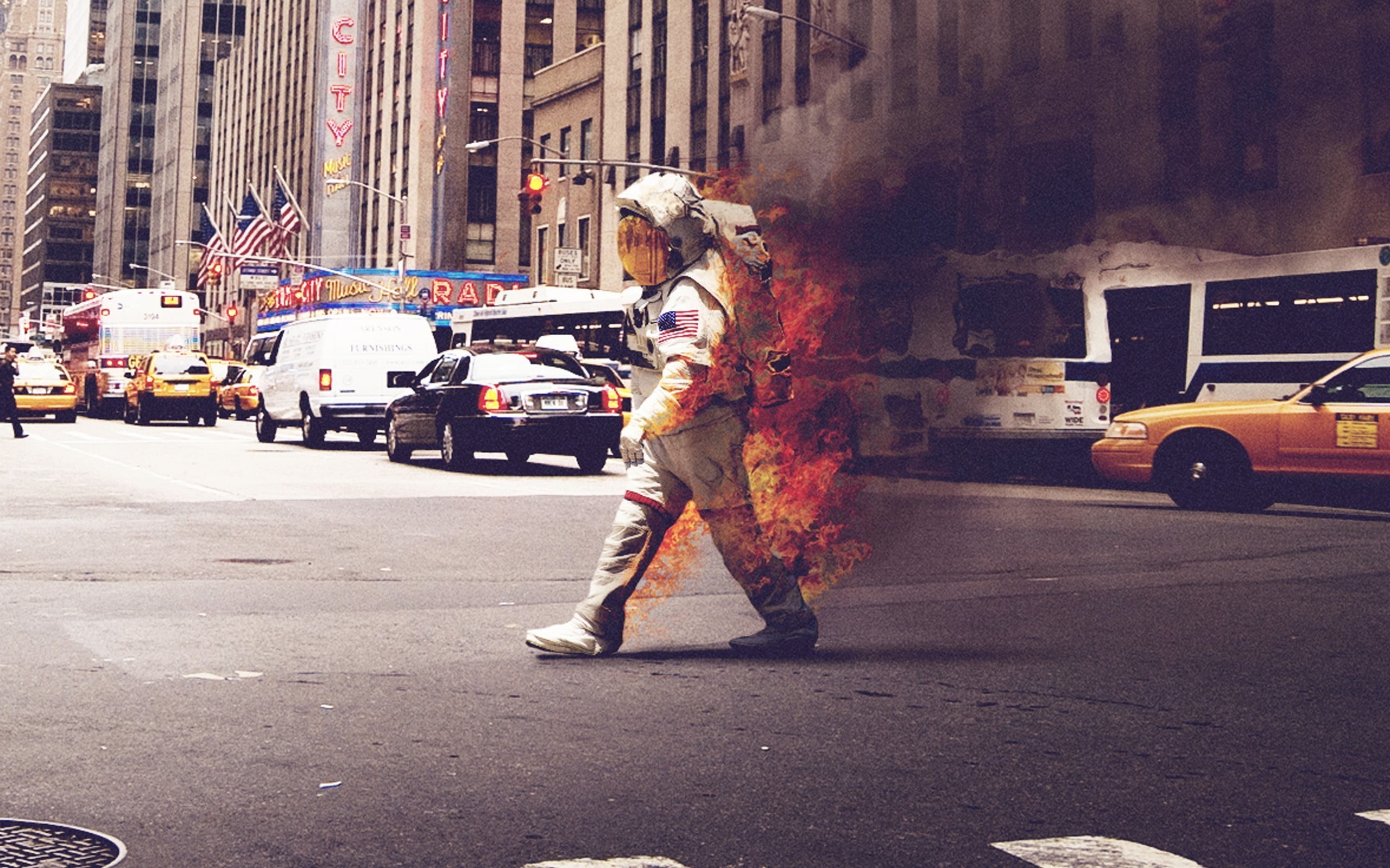 building exterior, built structure, astronaut, city life, architecture, city street, transportation, city, 2K, one person, car, fire, men, real people, HD Wallpaper
