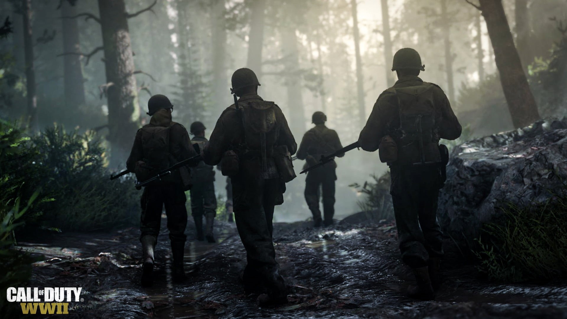 1080P, military, call of duty ww2, tree, army soldier, real people, outdoors, uniform, men, plant, full length, rear view, land, government, 2017 games, HD Wallpaper