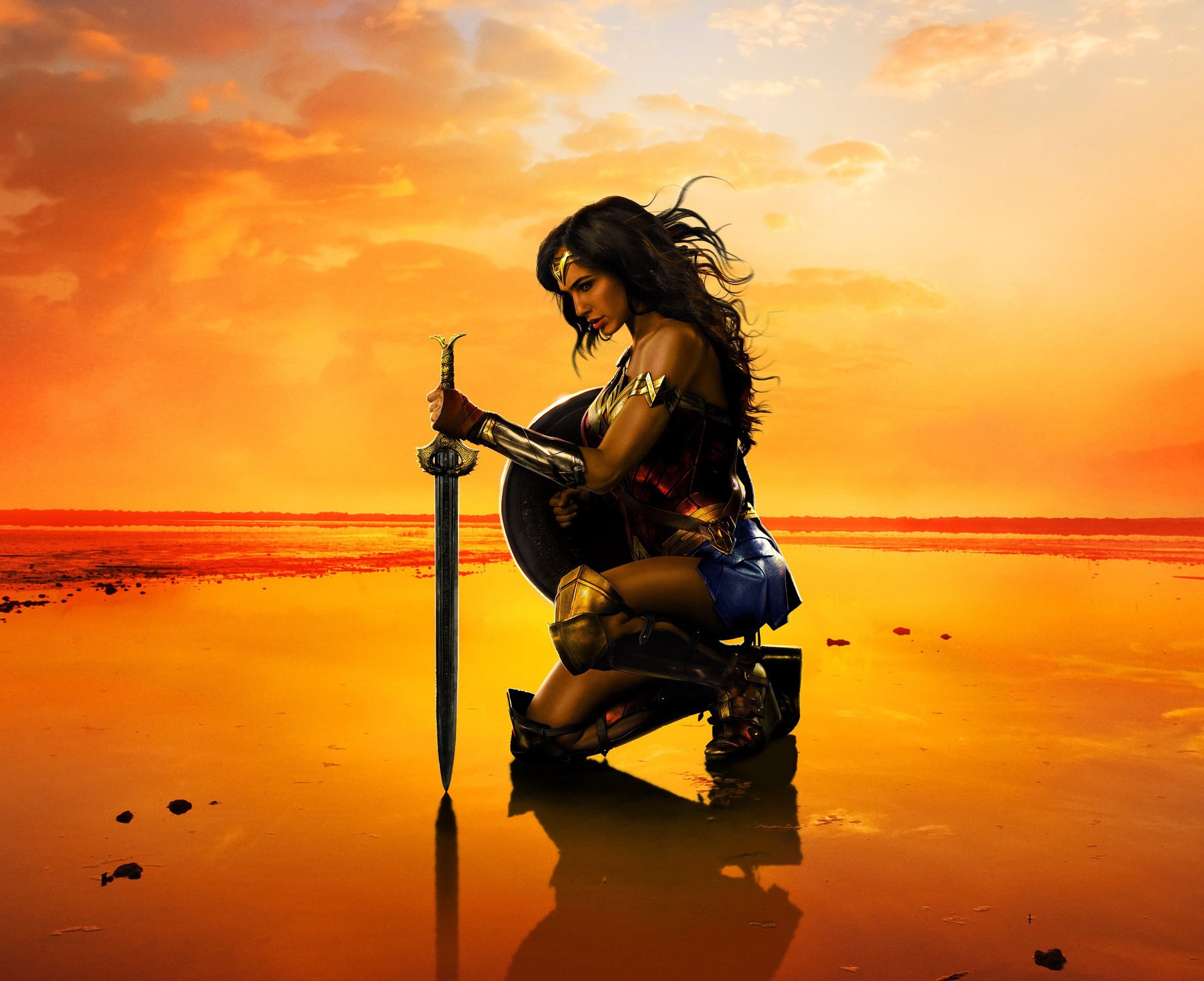 Hot, 2016, real people, Armor, Face, DC Comics, orange color, holding, Courageous, Batman v Superman: Dawn of Justice, Gal Gadot, young adult, Woman, water, HD Wallpaper