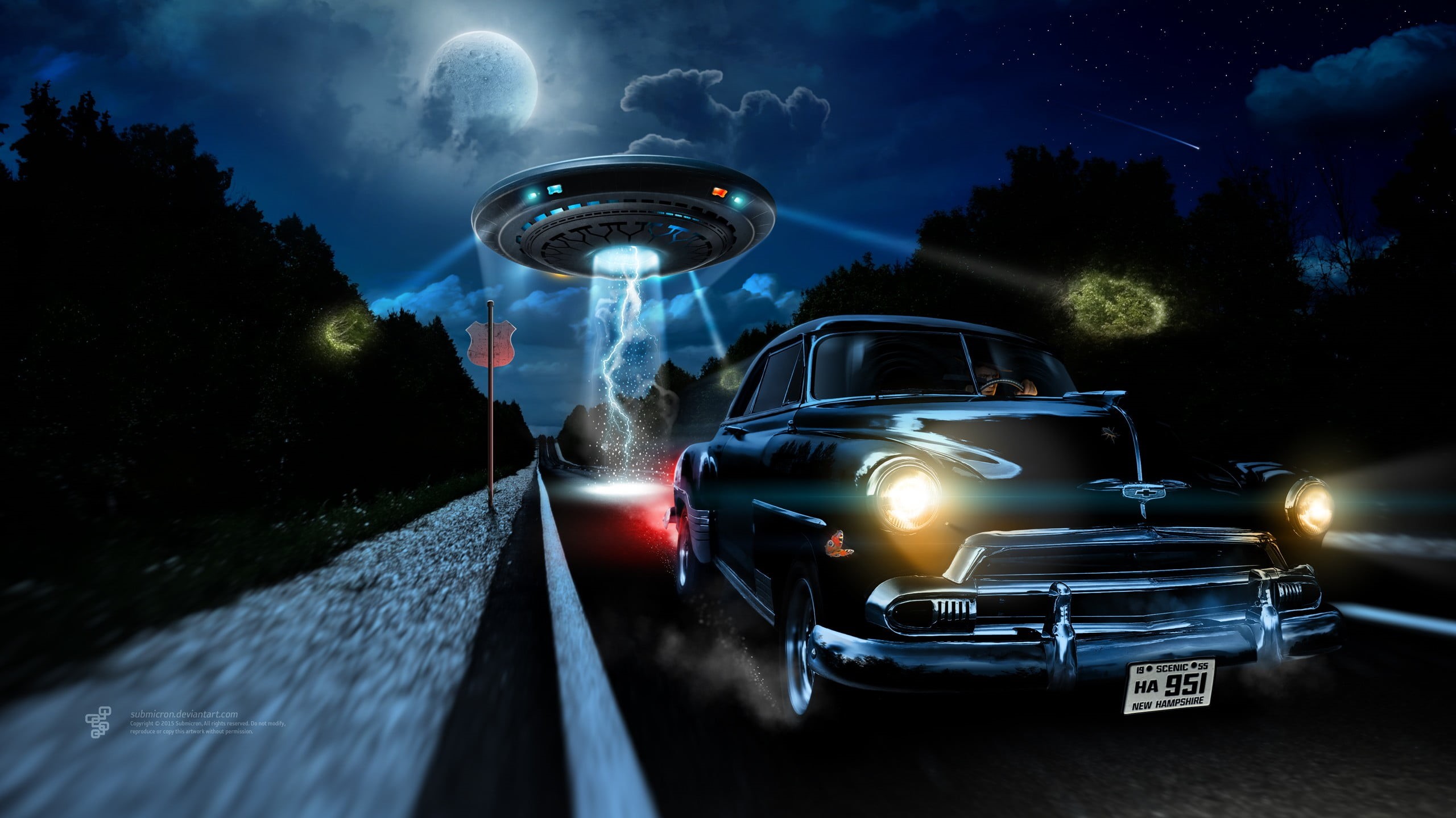  green, clouds, land vehicle, motor vehicle, illuminated, trees, classic, coupe, digital art, digital composite, outdoors, planet, road, tree, HD Wallpaper