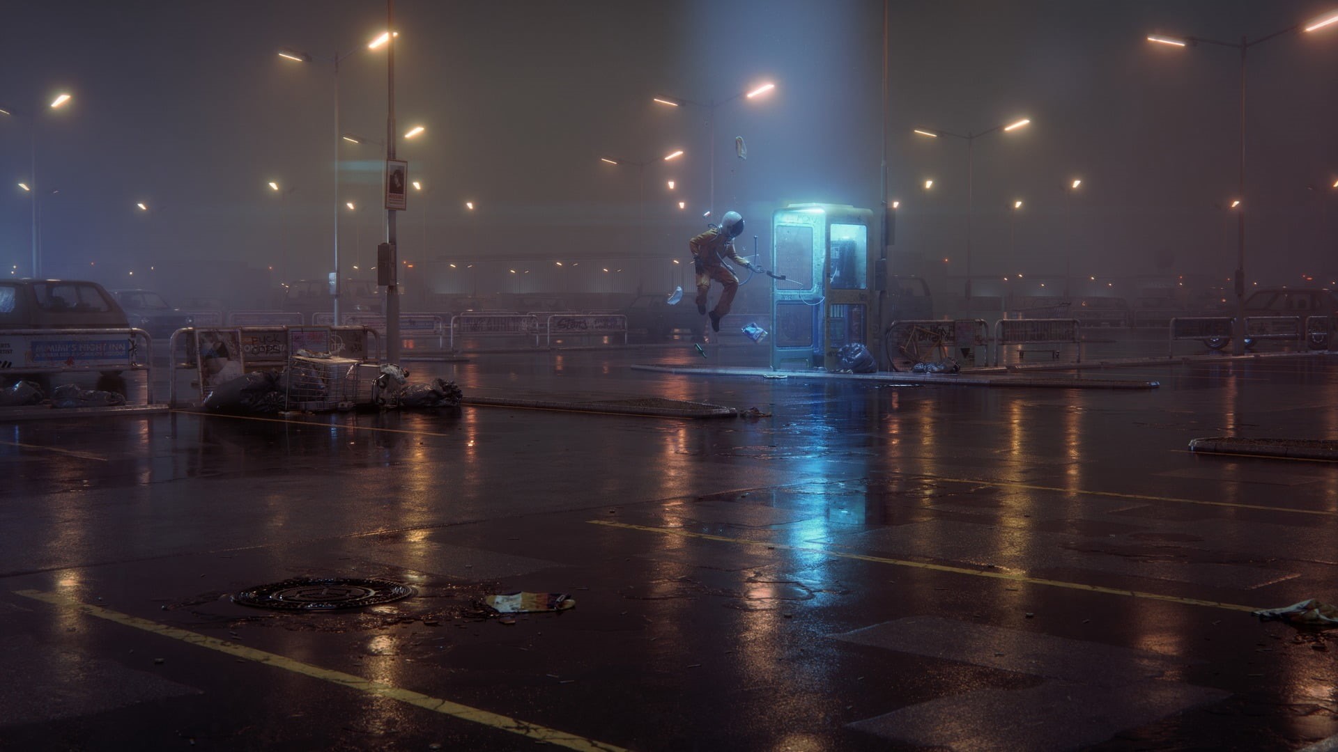 built structure, digital art, phone box, full length, flooring, parking lot, real people, street light, architecture, night, men, motion, illuminated, suit, HD Wallpaper
