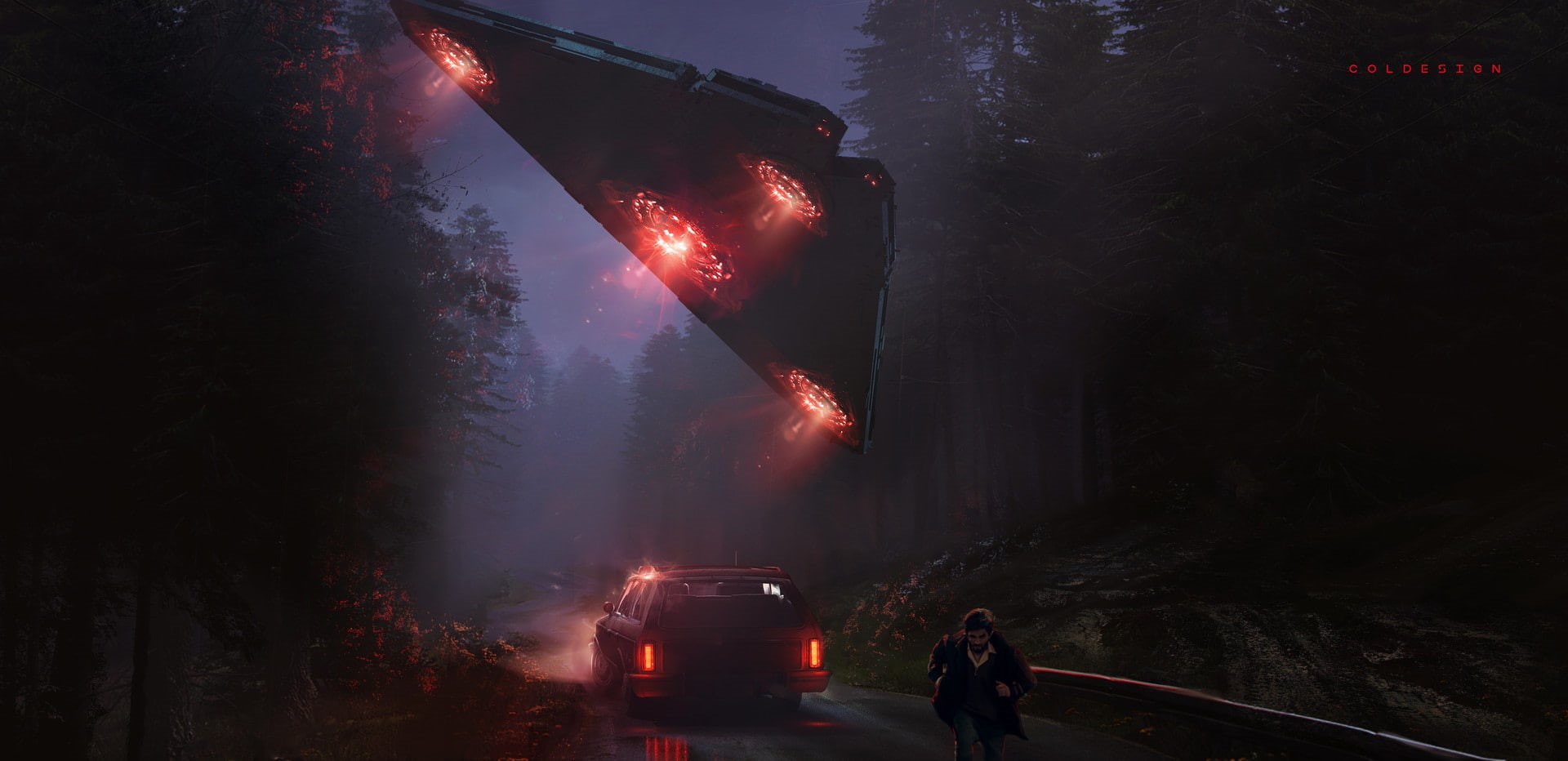 car, forest, highway, 1080P, men, digital art, lights, science fiction, triangle, Col Price, dark, UFO, HD Wallpaper