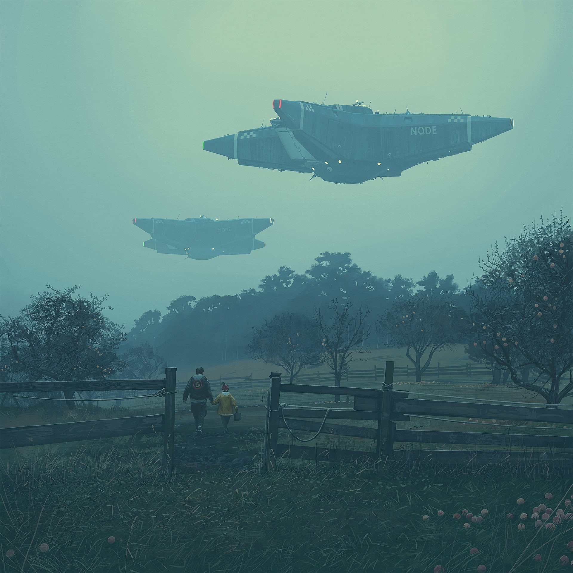 Simon Stålenhag, futuristic, science fiction, digital painting, landscape, digital art, artwork, 1080P, UFO, children, men, Phone HD Wallpaper