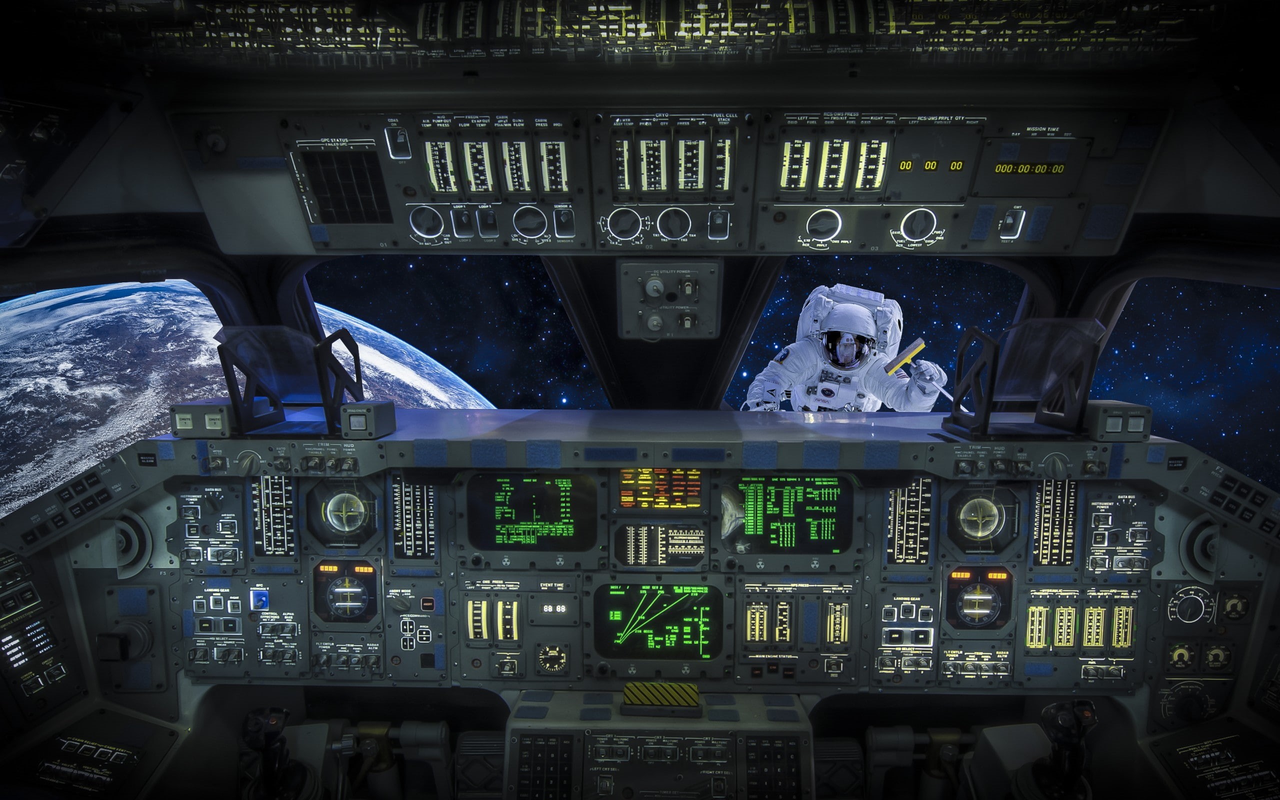 tech, sci fi, reflection, situation, astronaut, vehicles, planets, cockpit, people, stars, space, cosmonaut, window, text, earth, 2K, mech, shuttle, cab, HD Wallpaper
