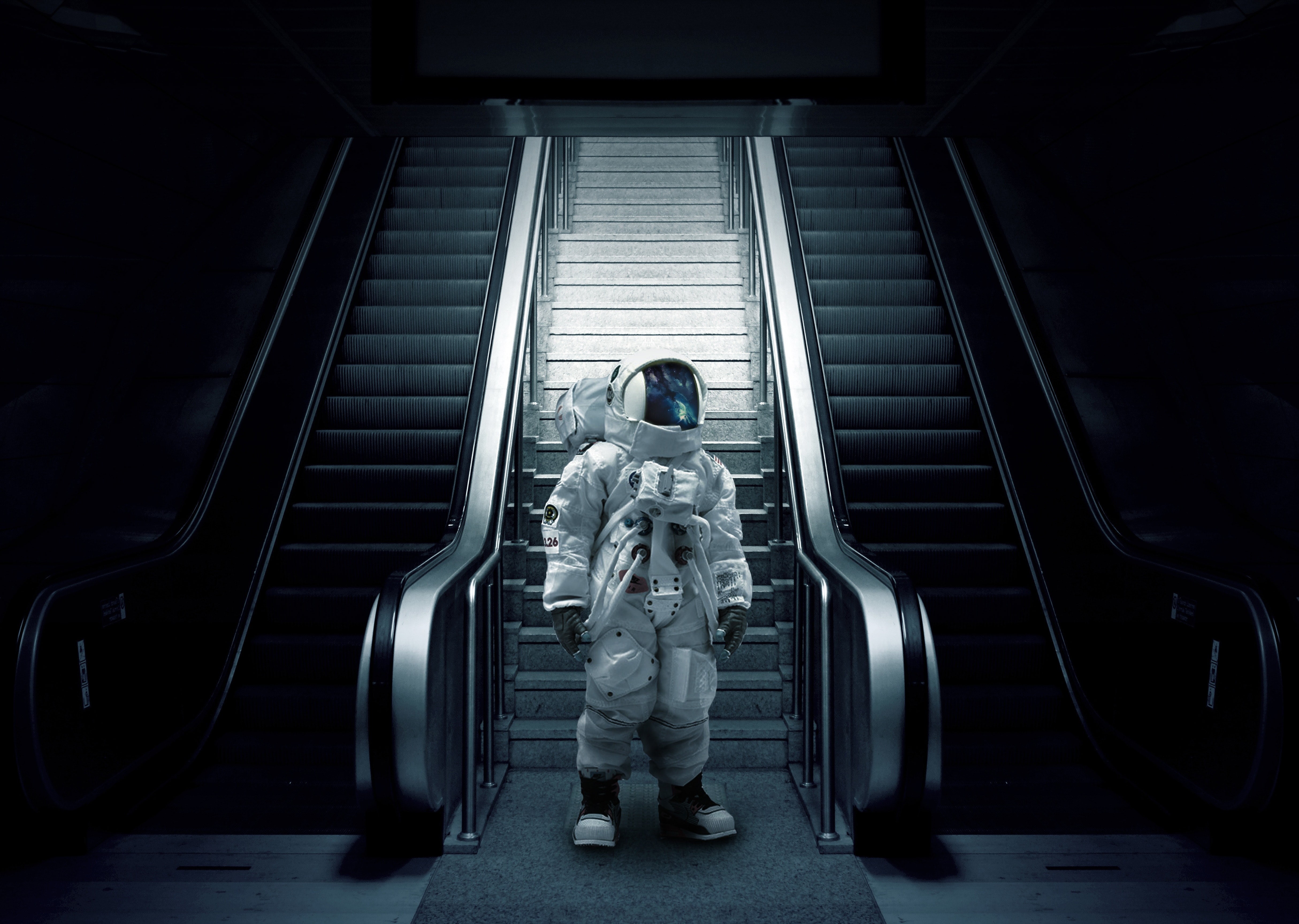 4K, stairs, astronaut, escalator, cosmonaut, spacesuit, HD Wallpaper