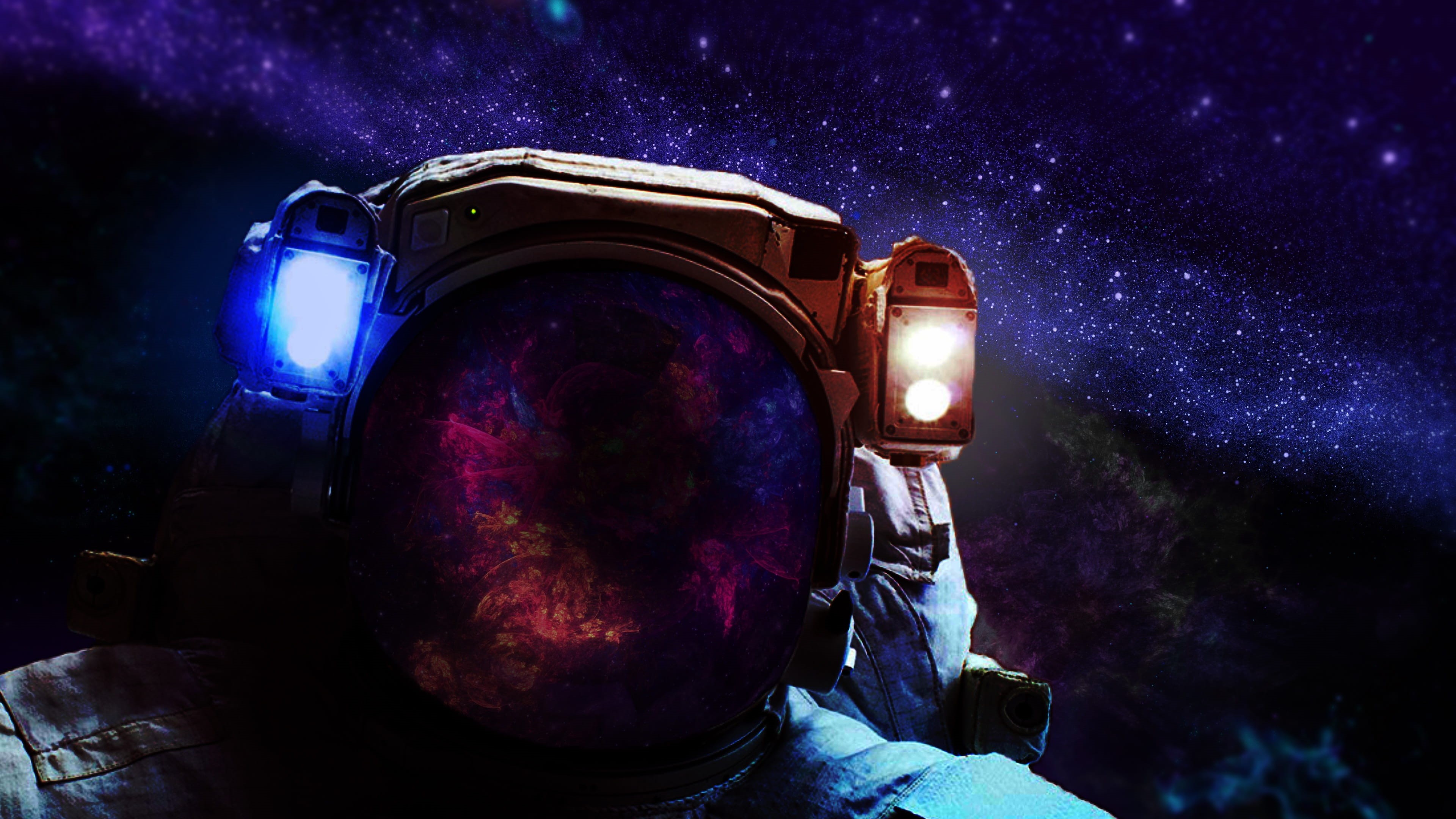 star - space, flight, men, dark, cosmonaut, technology, the suit, scenics - nature, illuminated, headshot, purple, star, reflection, people, adult, focus on foreground, HD Wallpaper