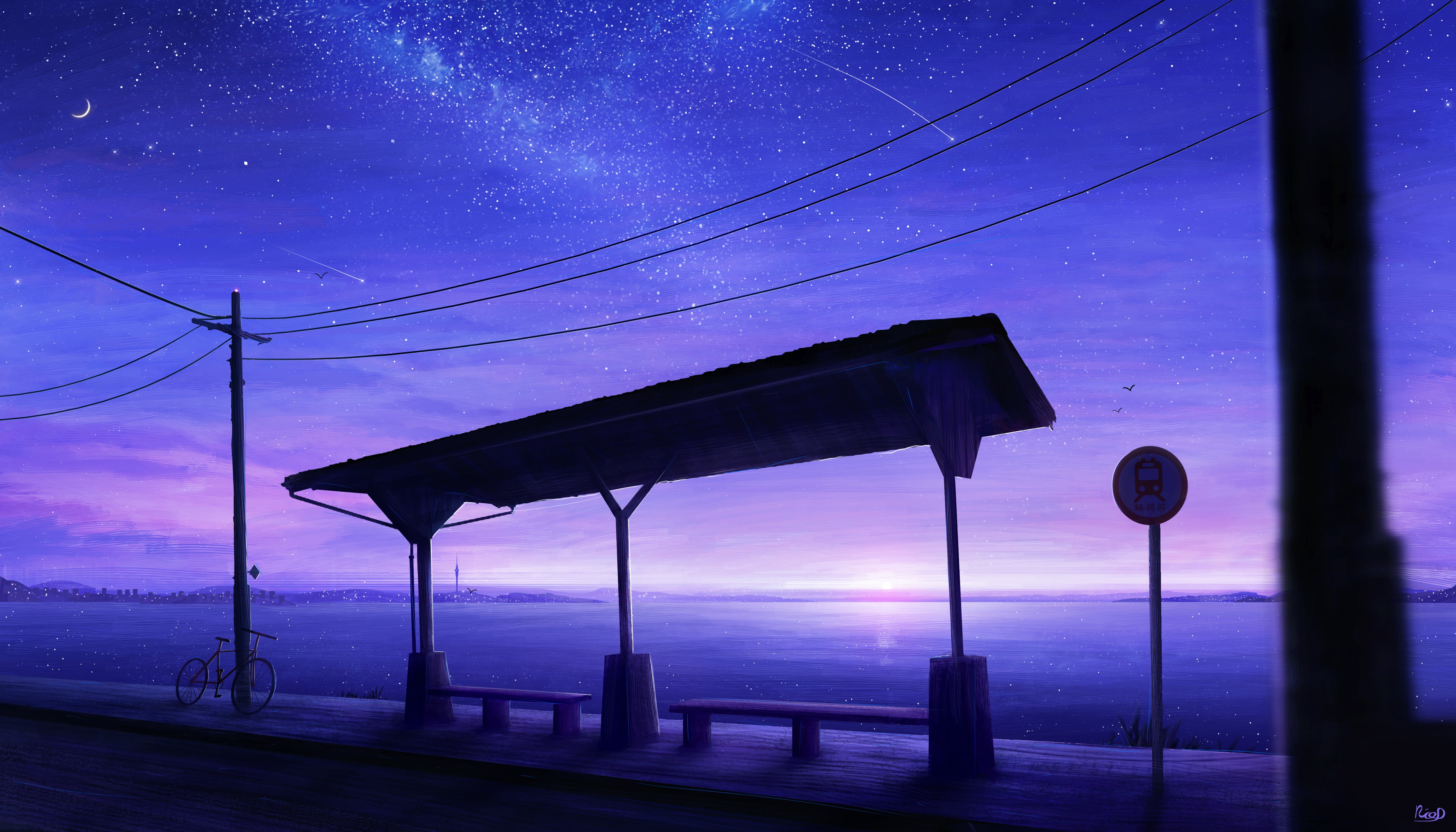 5K, power lines, shooting stars, digital art, bus stop, stars, bicycle, bench, sunset, sea, RicoDZ, HD Wallpaper