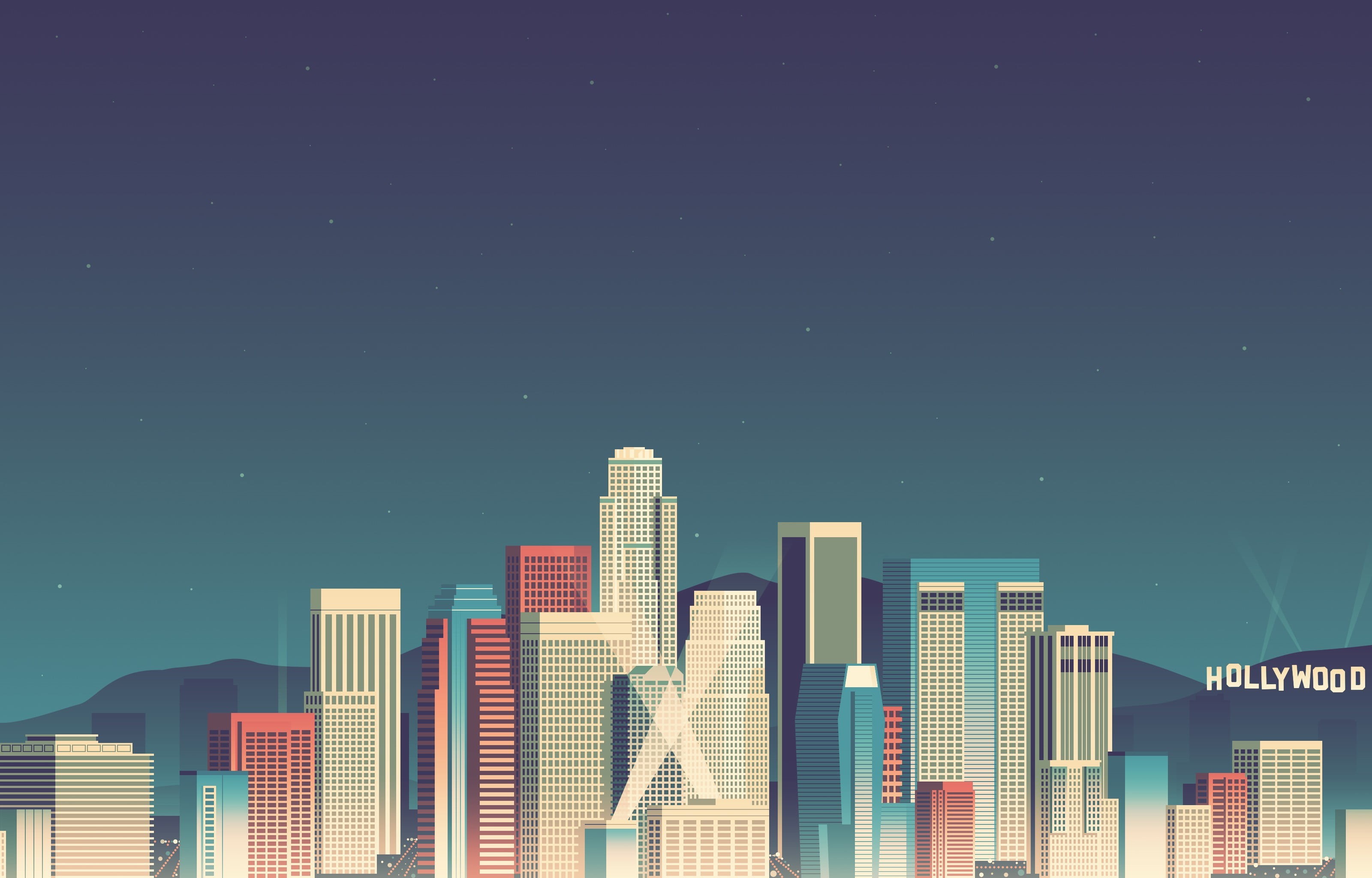 clear sky, abstract, no people, star - Space, urban Skyline, backgrounds, town, outdoors, tower, los, office, 2K, USA, vector, vector art, cityscape, development, HD Wallpaper