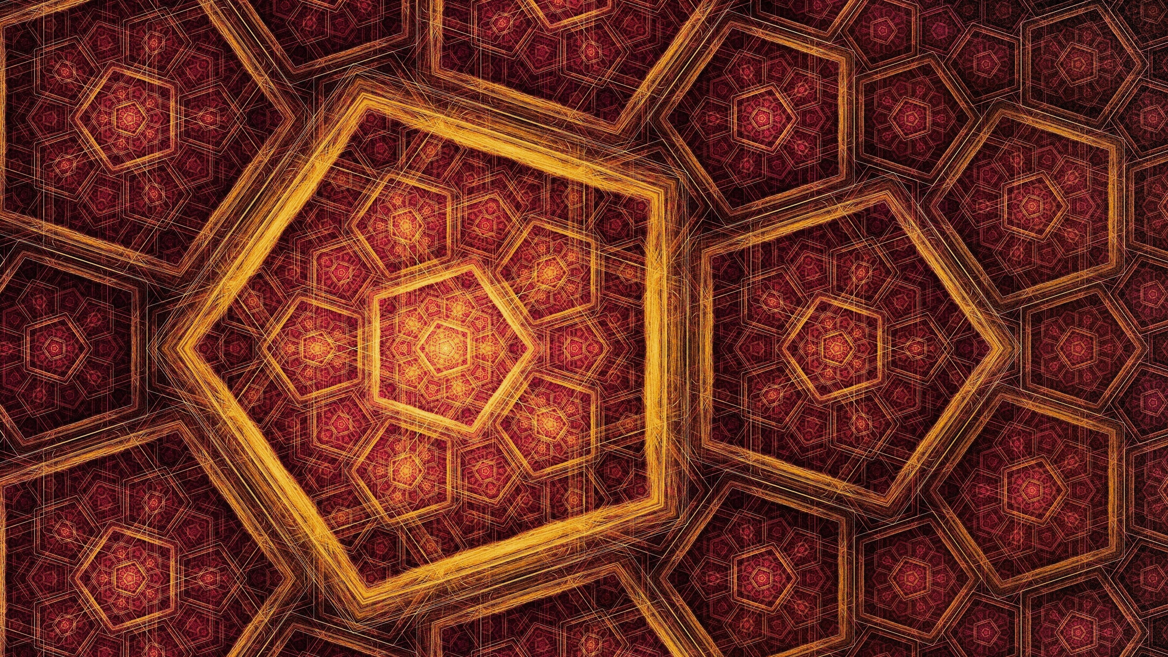 sided, abstract, 4K, red, illustration, 3840x2160, yellow, brown, pentagons, pentagon, HD Wallpaper