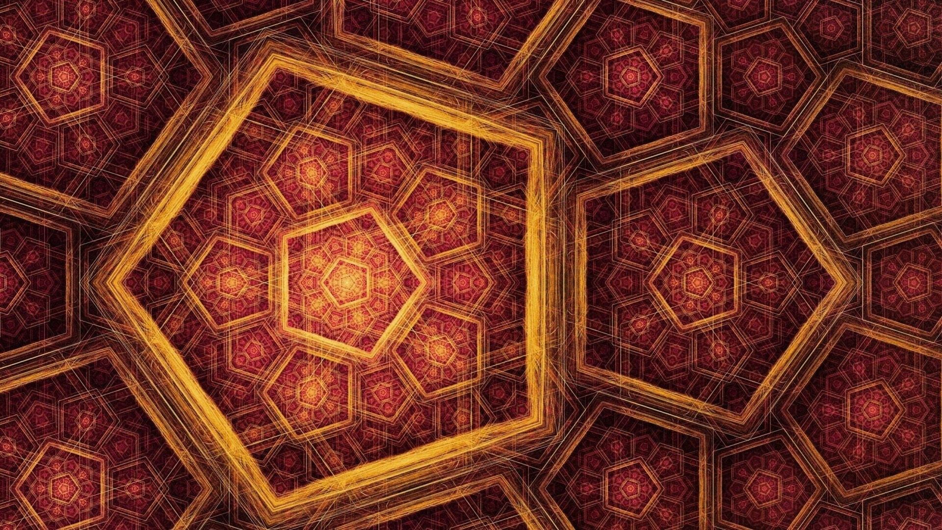 Fractal, Pattern, Digital Art, Gold, Design, Artistic, 1080P, Abstract, Pentagon, Red, HD Wallpaper