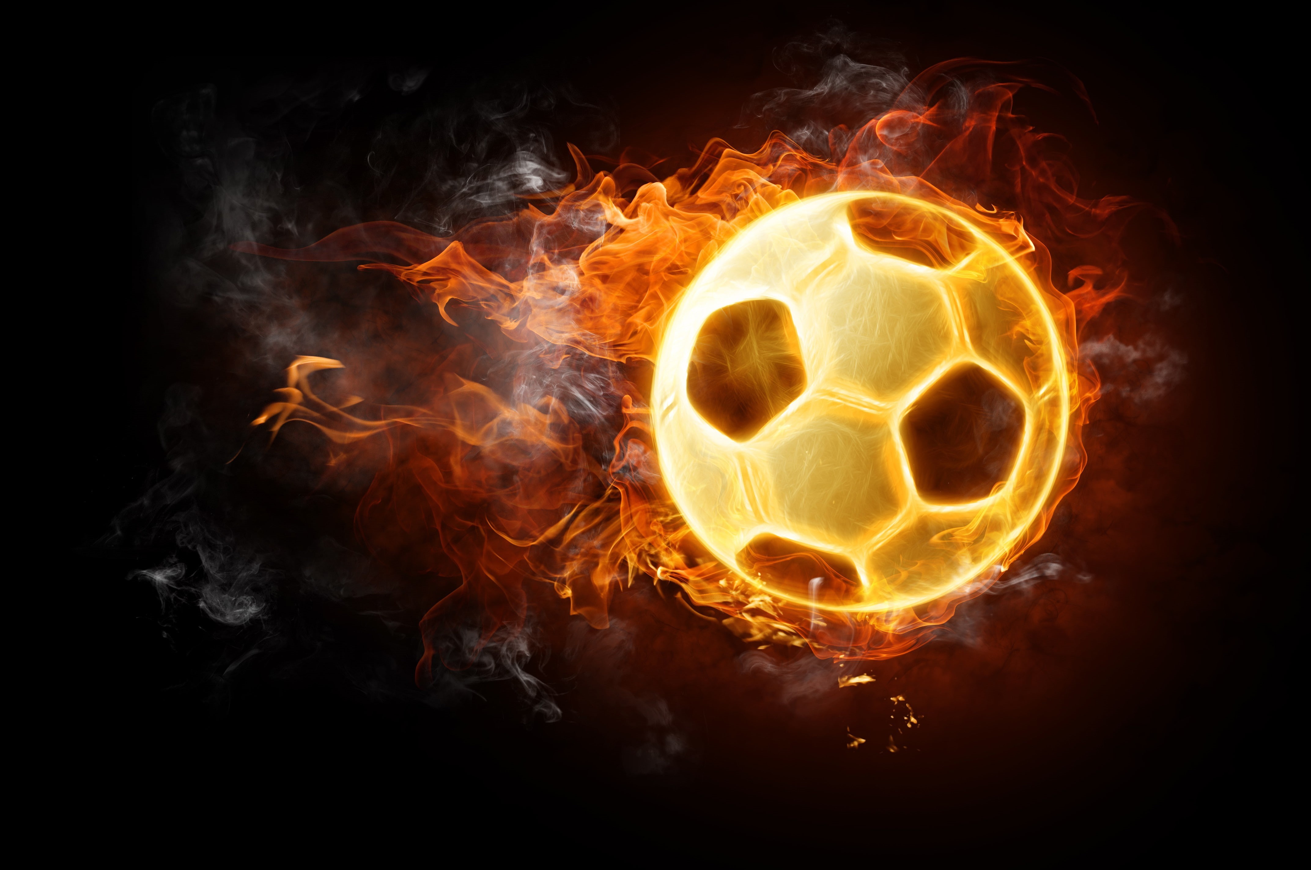Soccer Ball, black background, yellow, warning sign, digital art, ball, fire - natural phenomenon, smoke - physical structure, black color, heat - temperature, HD Wallpaper