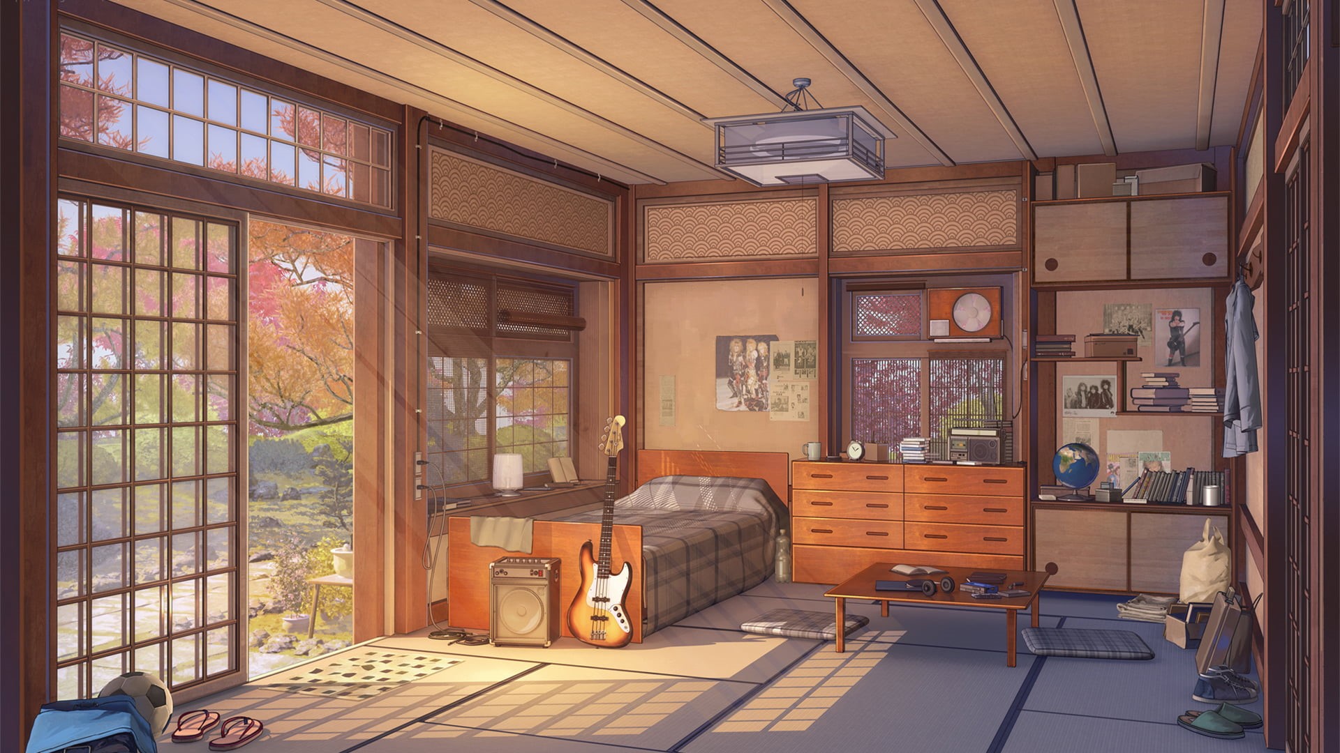 RocknRoll, light effects, 1080P, guitar, anime, visual novel, Love, Money, Background Art, room, digital art, ArseniXC, artwork, HD Wallpaper