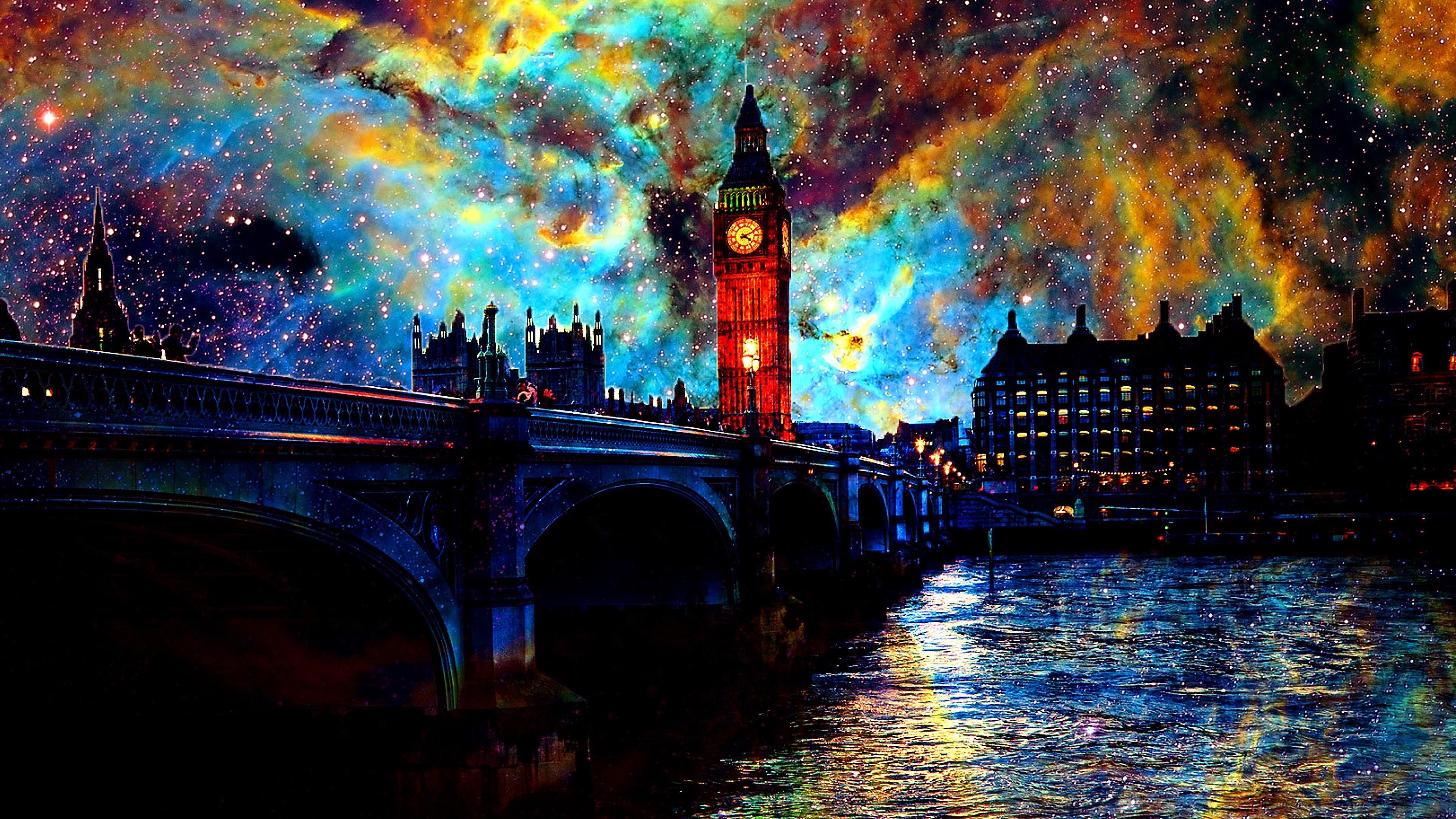 evening, cityscape, digital painting, city, space, london, thames, water, starry sky, special effects, night sky, 4K, photoshop art, big ben, art, night, HD Wallpaper