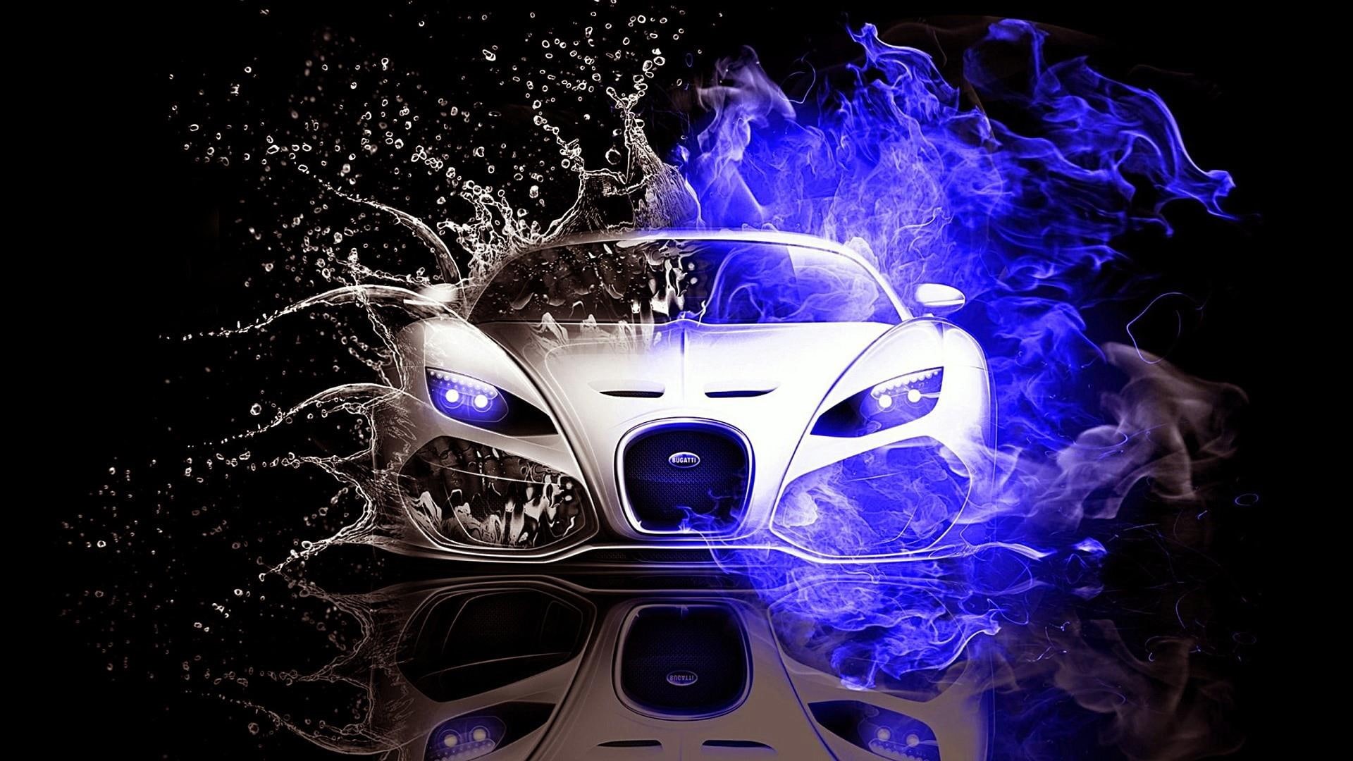 flame, smoke, art, sports car, darkness, water, yin yang, light, special effects, 1080P, bugatti, bugatti veyron, electric blue, mirror, HD Wallpaper