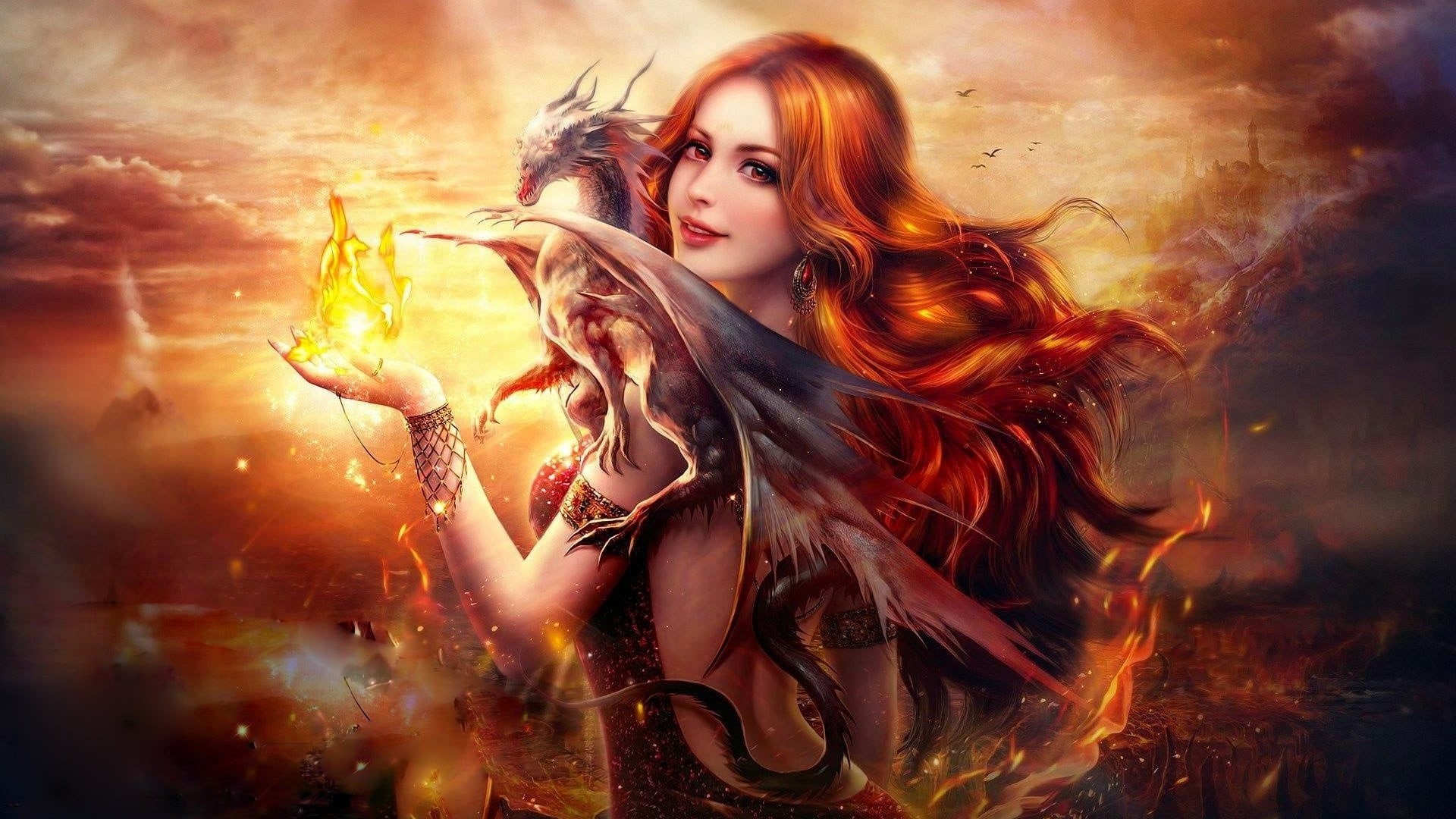special effects, females, fashion, mythology, mythical creature, woman warrior, dyed red hair, long hair, young women, nature, portrait, beautiful people, HD Wallpaper
