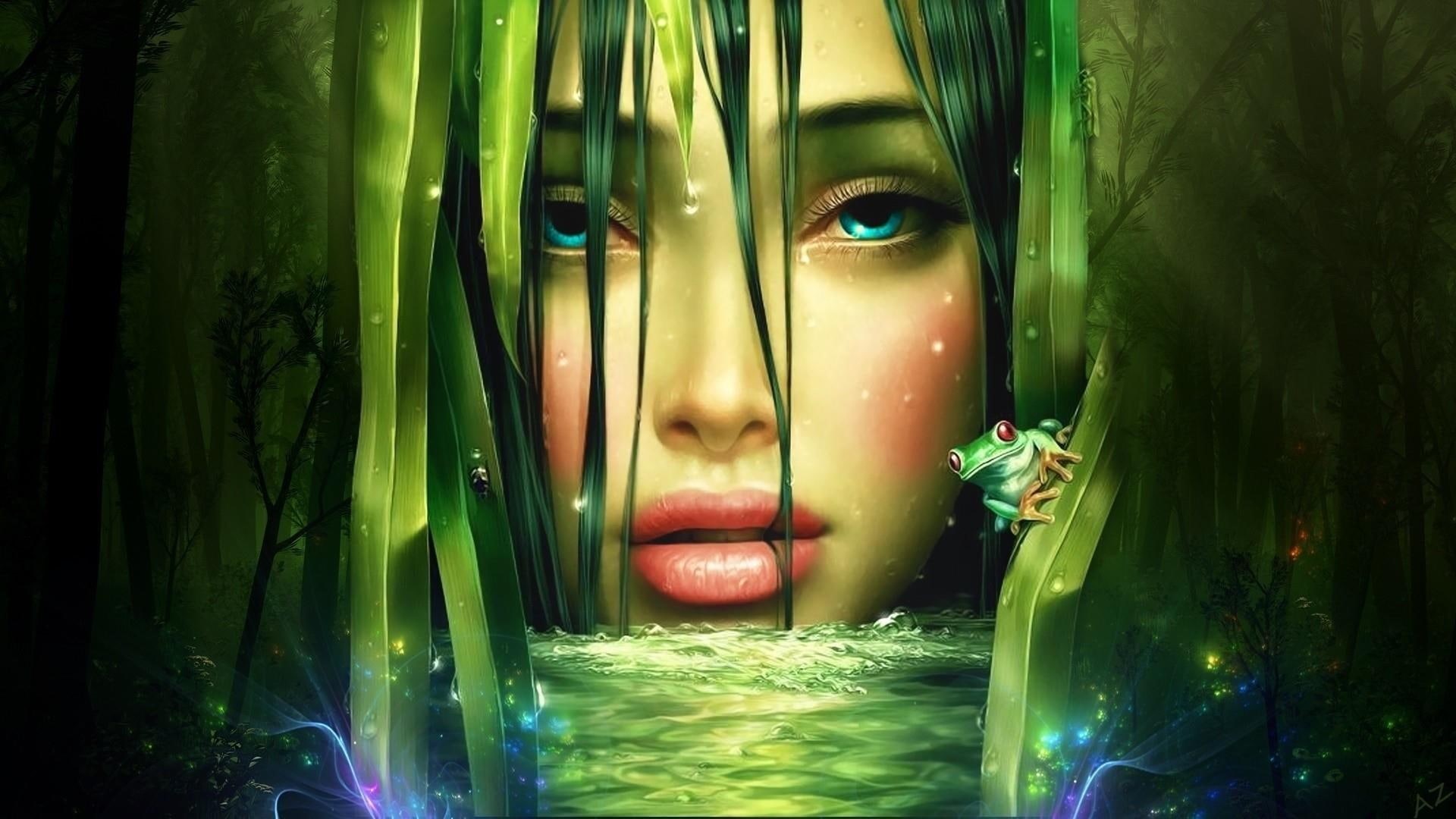 artwork, dream, magical, woman, fantasy art, fairy, face, artistic, 1080P, frog, witch, fantasy, special effects, girl, forest, HD Wallpaper