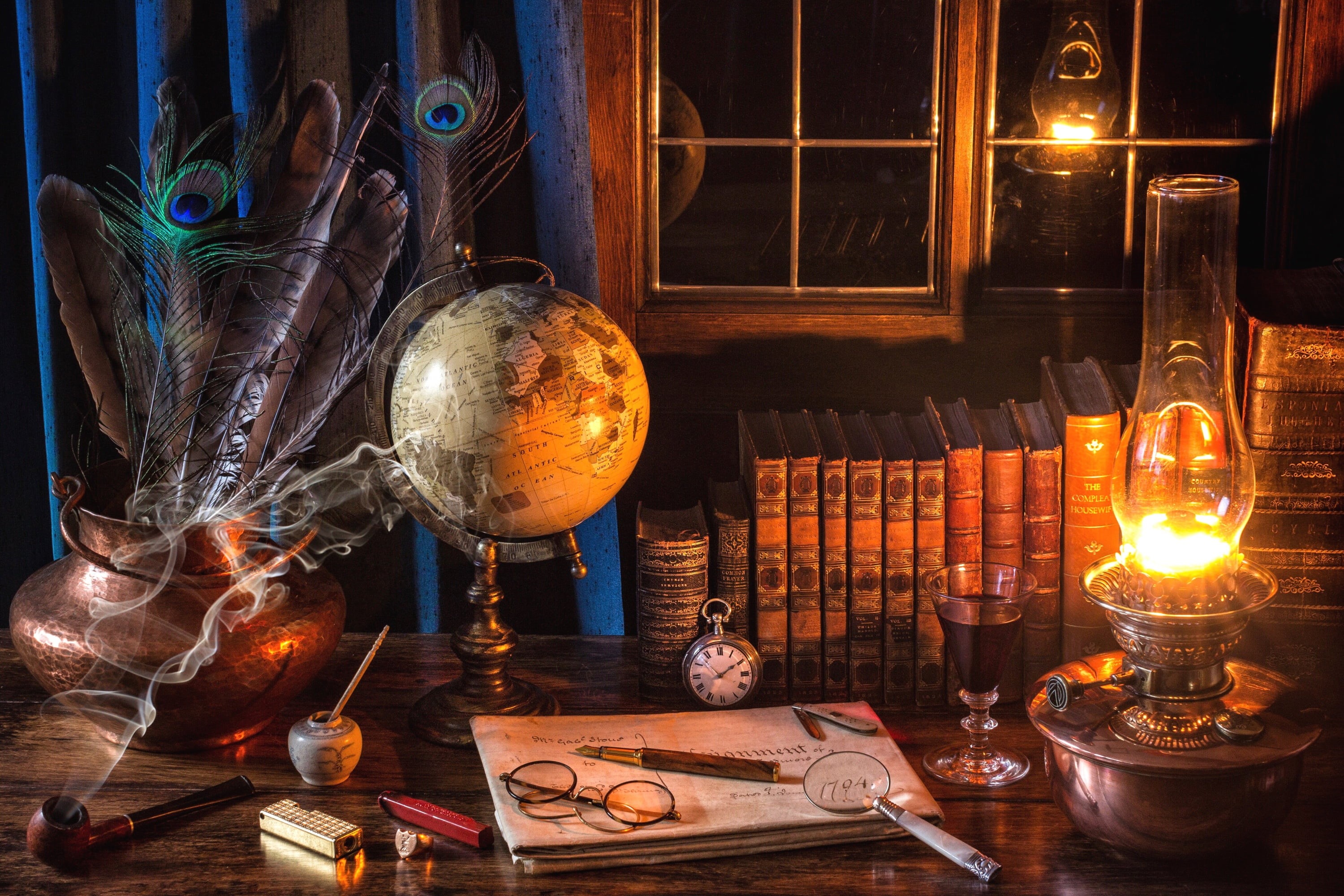 still life, time, old, lighting equipment, burning, indoors, magnifier, feathers, desk, history, glowing, table, book, wine, no people, 2K, retro styled, HD Wallpaper