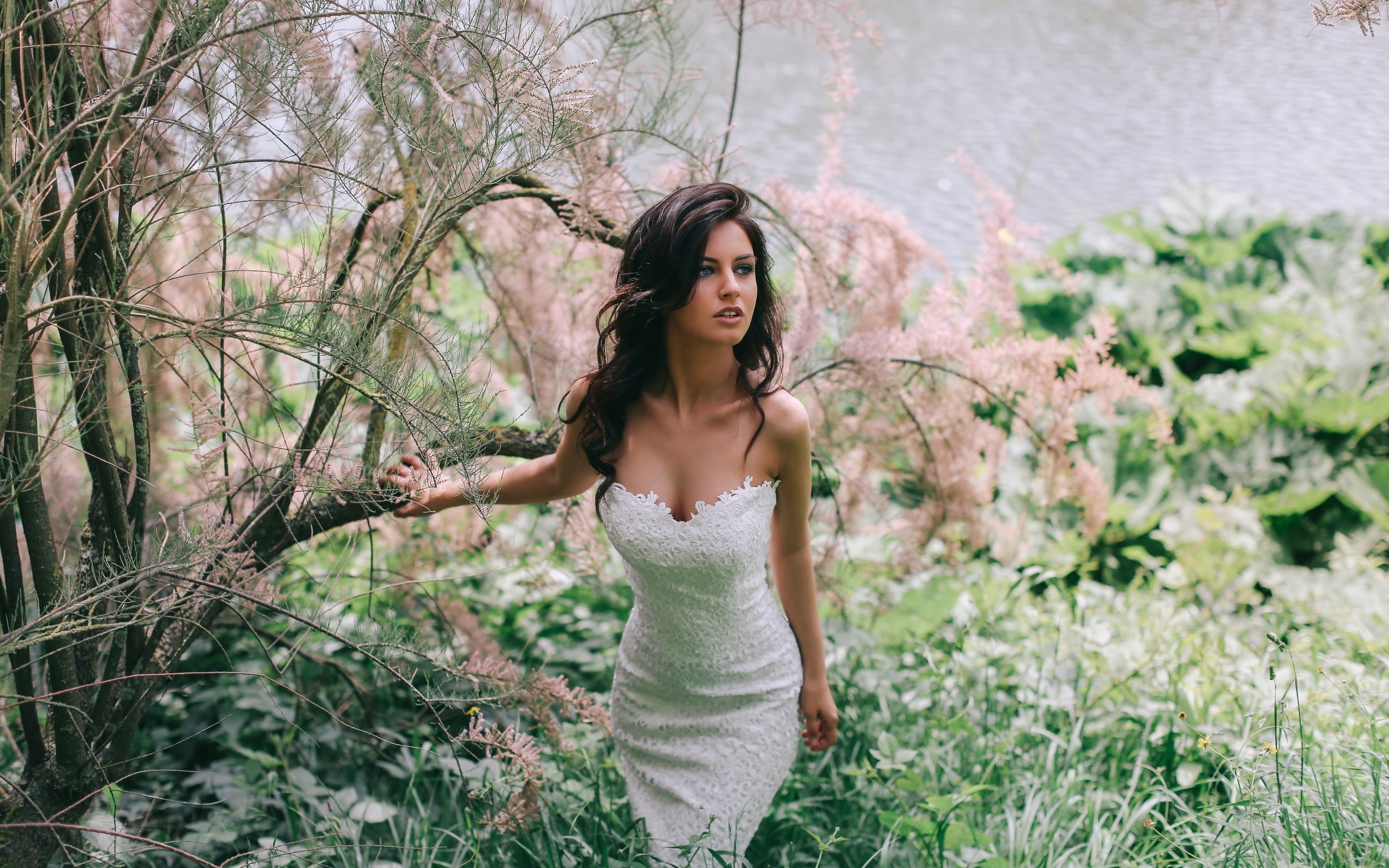 focus on foreground, long hair, brides, white, young women, plant, plants, young adult, dress, trees, lifestyles, casual clothing, 2K, portrait, women, HD Wallpaper