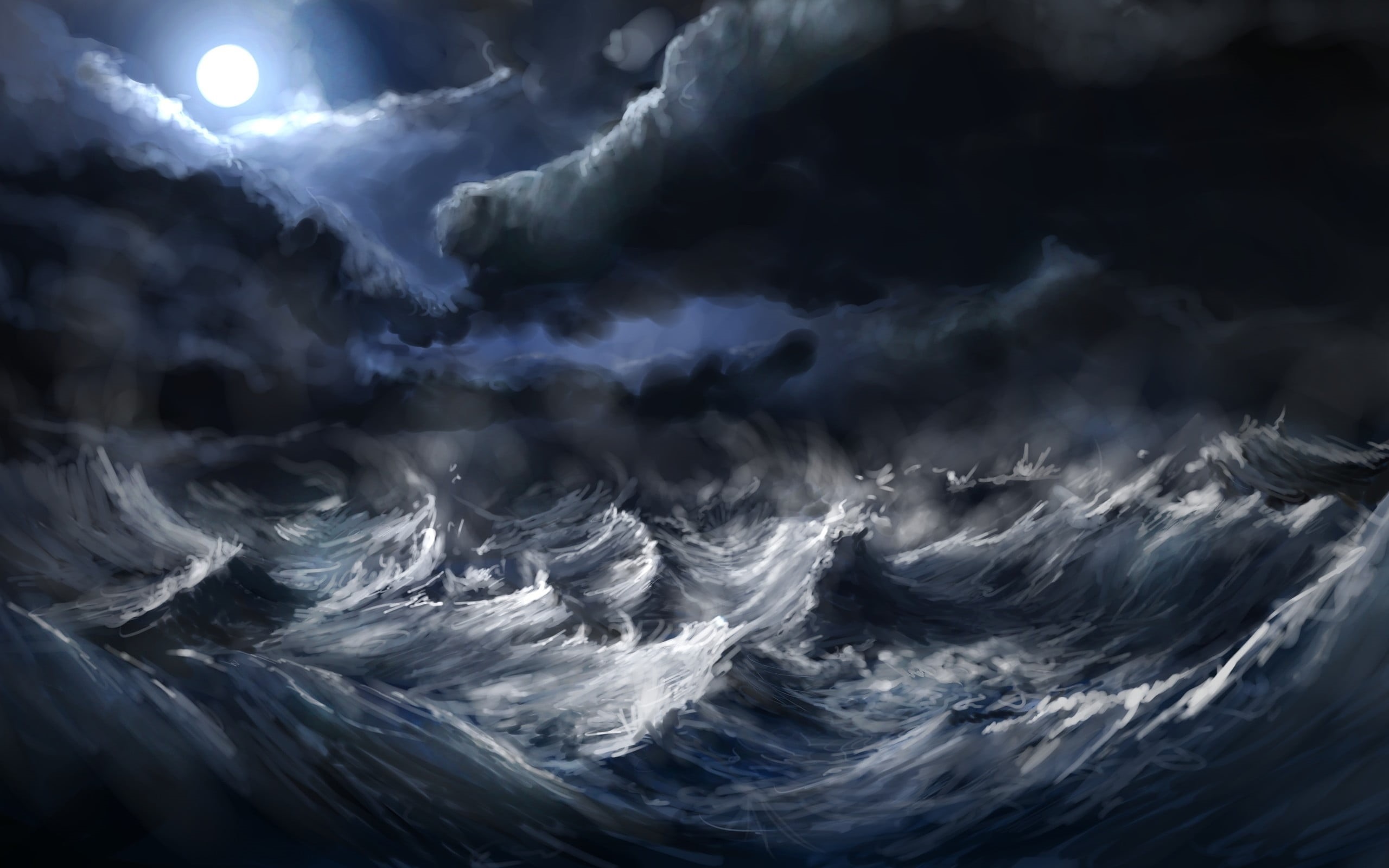night, motion, painting, water, scenics - nature, power in nature, beauty in nature, moon rays, landscape, storm, clouds, Moon, artwork, meteorology, digital art, HD Wallpaper