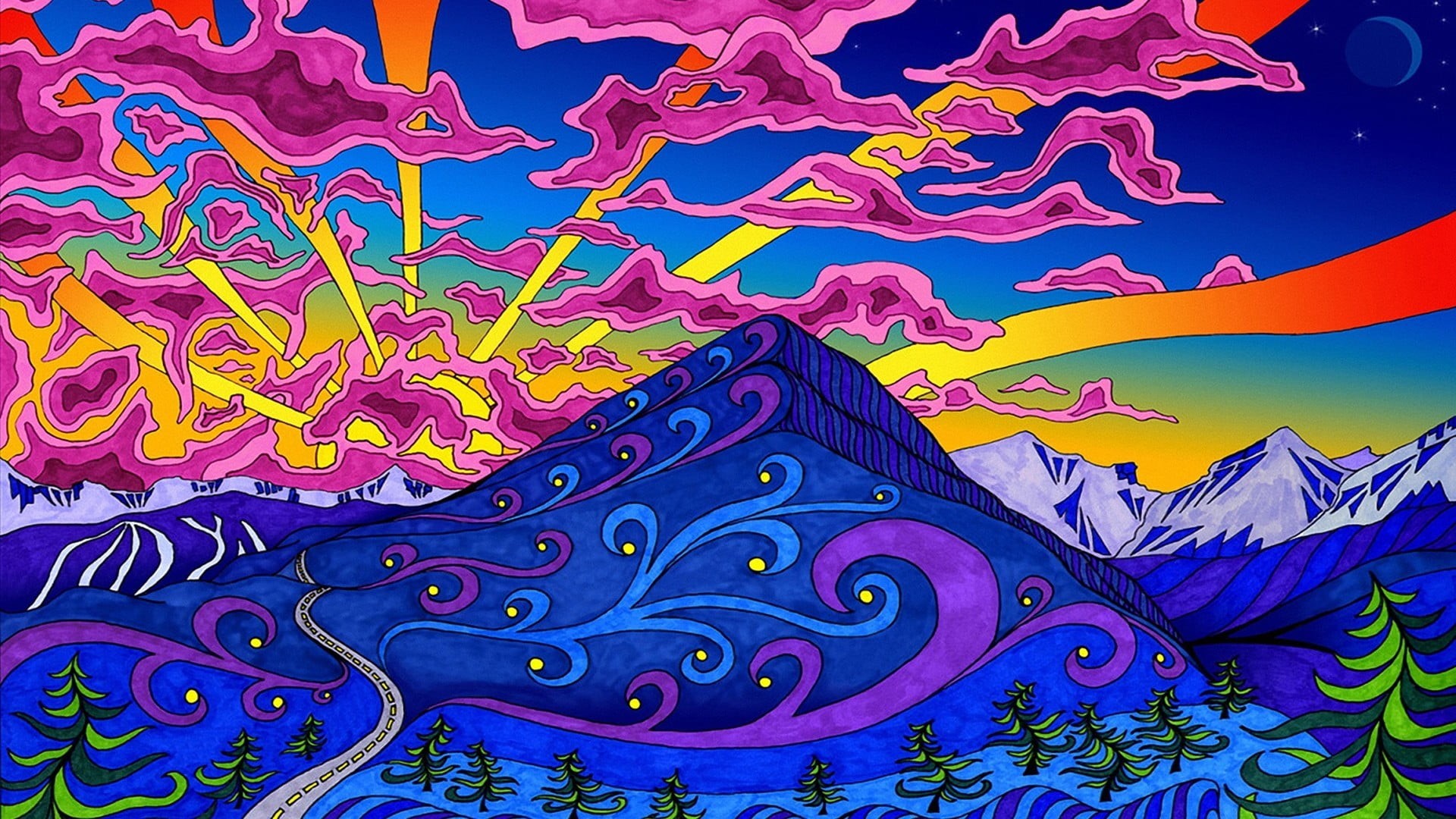 sky, animal representation, decoration, mural, butterfly - insect, arts culture and entertainment, 1080P, creativity, mountains, blue, road, no people, HD Wallpaper