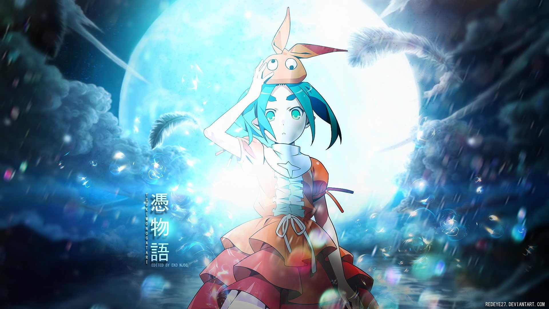 Monogatari Series, Moon, picture-in-picture, blue eyes, anime girls, anime, white skin, fan art, loli, moon rays, bright, blue hair, 1080P, Ononoki Yotsugi, HD Wallpaper