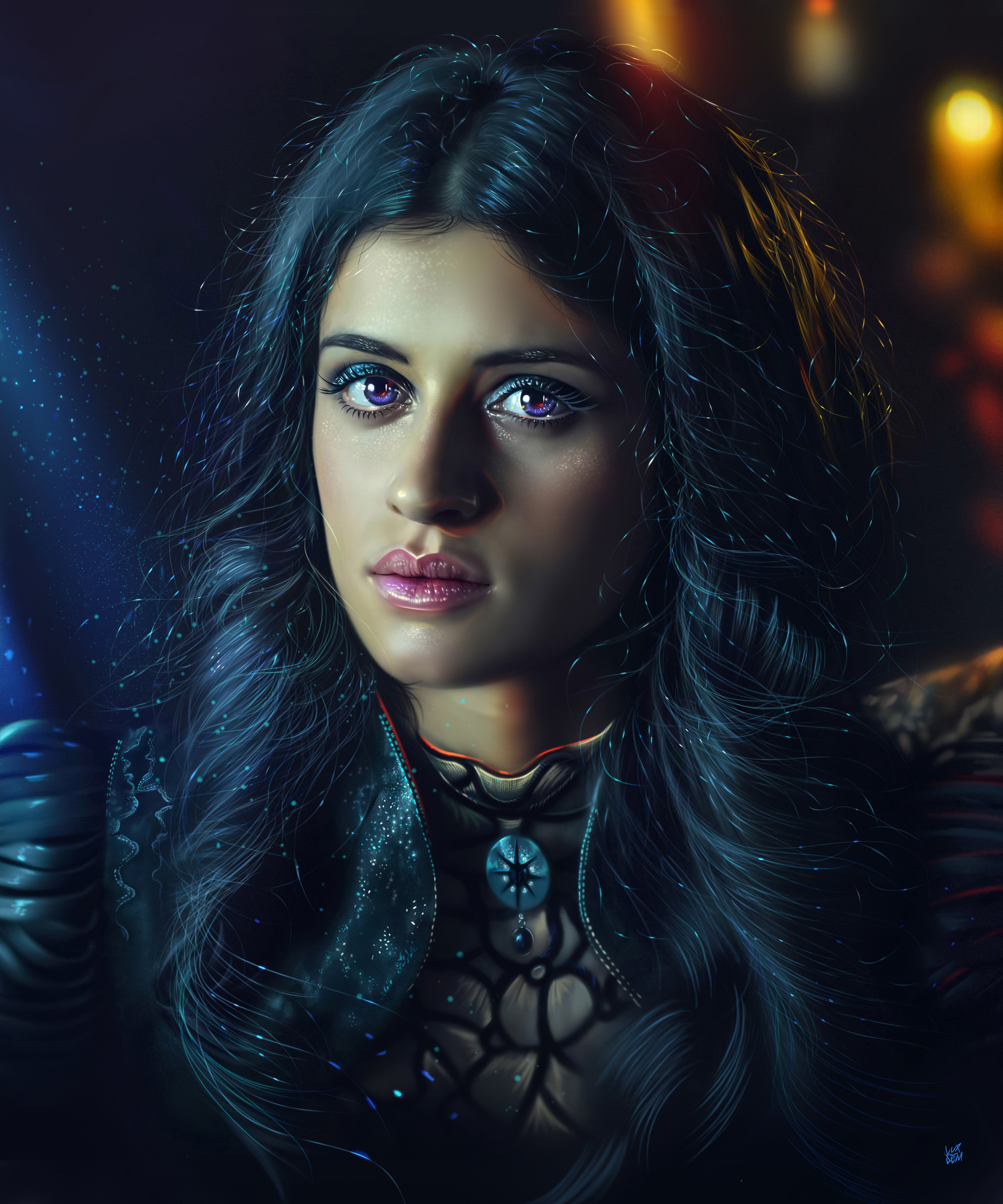 portrait, digital art, black clothing, Netflix TV Series, digital painting, Black clothes, Netflix, dark hair, celebrity, Yennefer, moonlight, looking at viewer, Phone HD Wallpaper