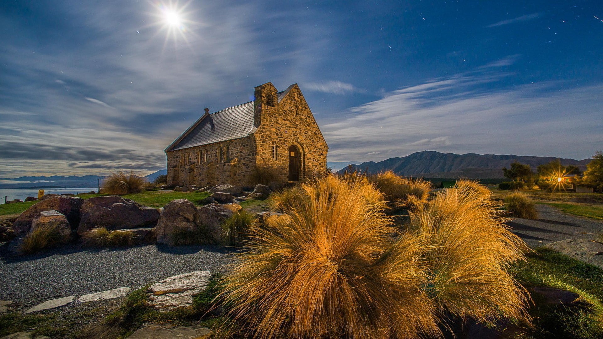house, cloud - sky, outdoors, night, built structure, plants, mountains, scenics - nature, travel destinations, travel, place of worship, moon rays, plant, HD Wallpaper