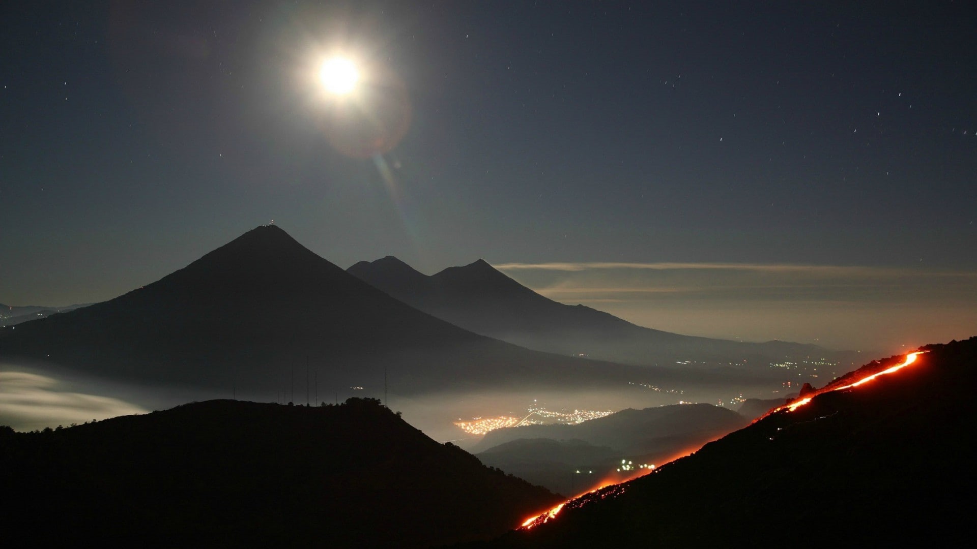 mist, moon rays, 1080P, night, landscape, South America, mountains, starry night, hills, lights, long exposure, Moon, nature, Guatemala, city lights, clear, HD Wallpaper