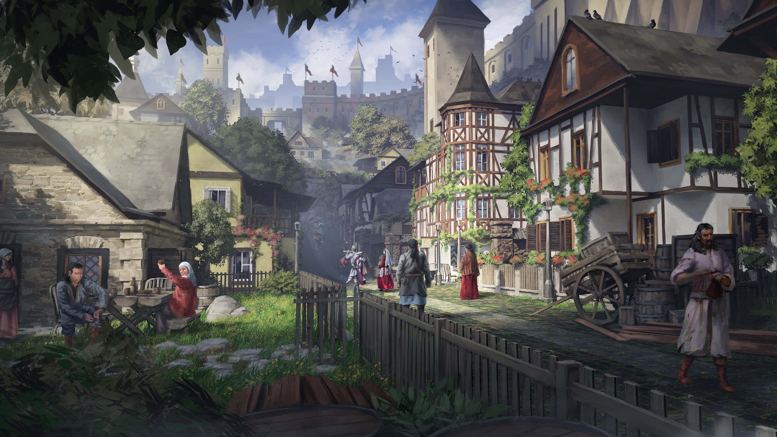 digital, 2K, city, medieval, town, street, people, fantasy art, castle, Fantasy Architecture, architecture, HD Wallpaper