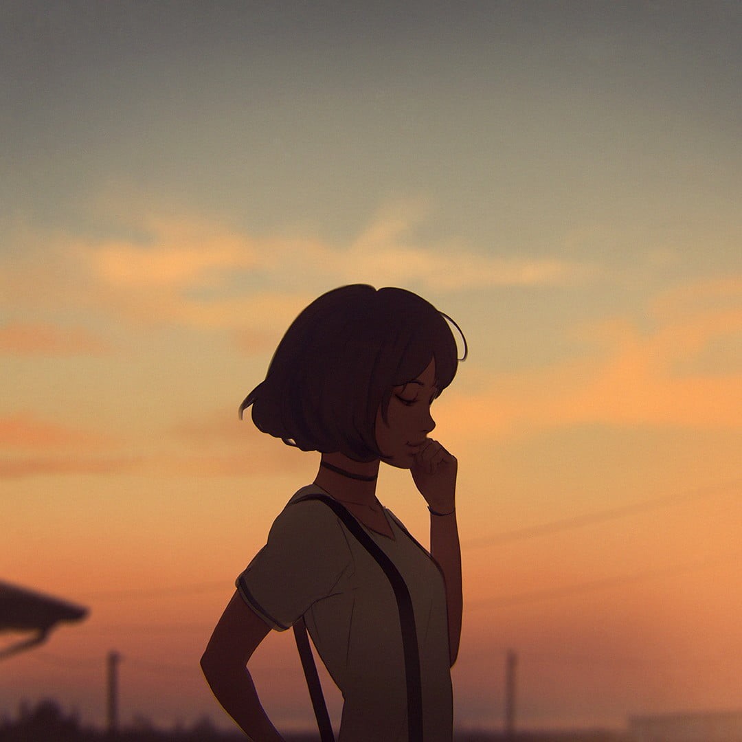 pink, Ilya Kuvshinov, sky, side view, one person, cloud - sky, girl, waist up, beautiful woman, nature, silhouette, anime, artwork, adult, haired, Phone HD Wallpaper
