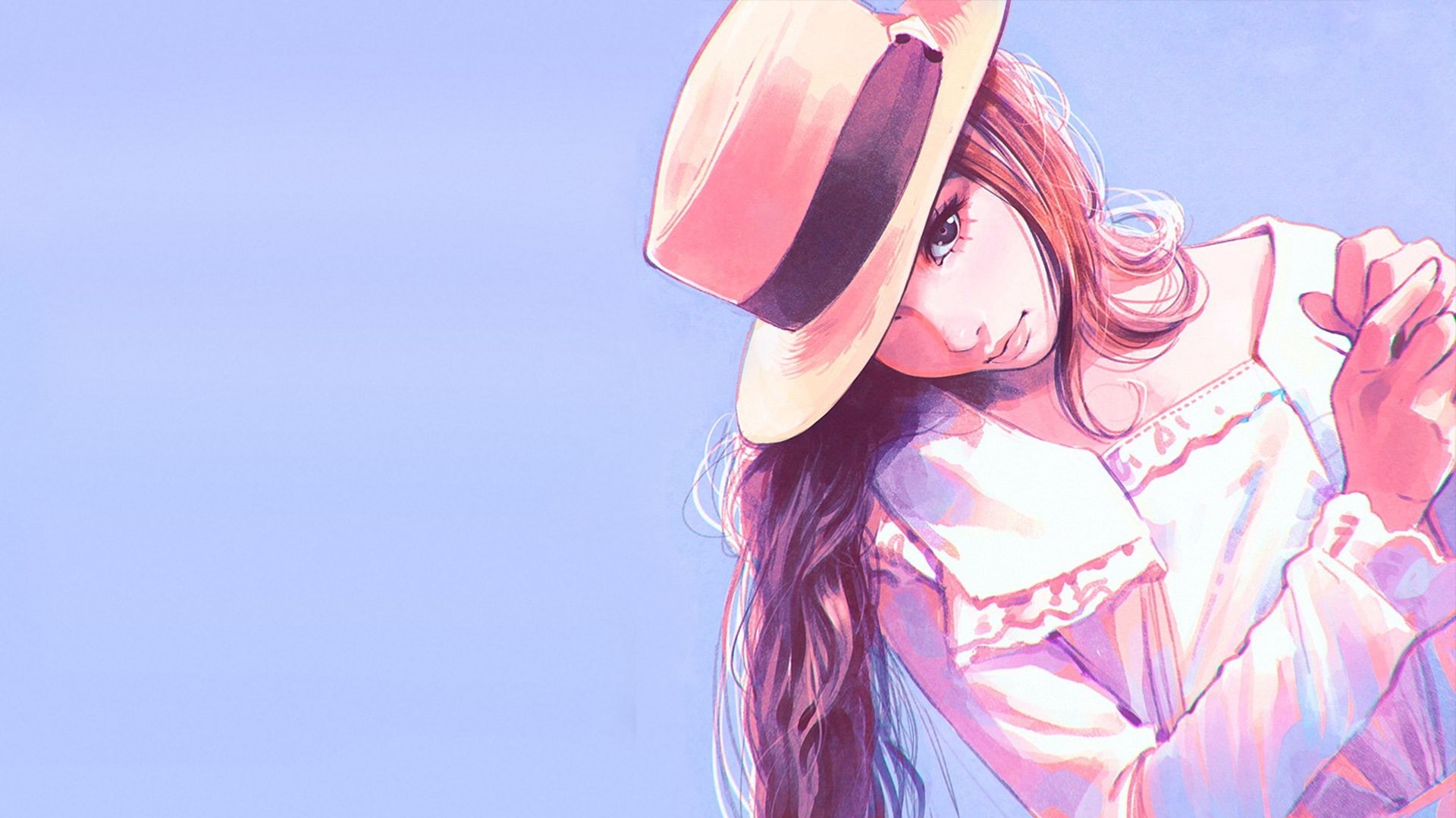 1080P, women, hairstyle, hat, one person, blue background, copy space, portrait, blue, young adult, headshot, Ilya Kuvshinov, child, clear sky, outdoors, HD Wallpaper