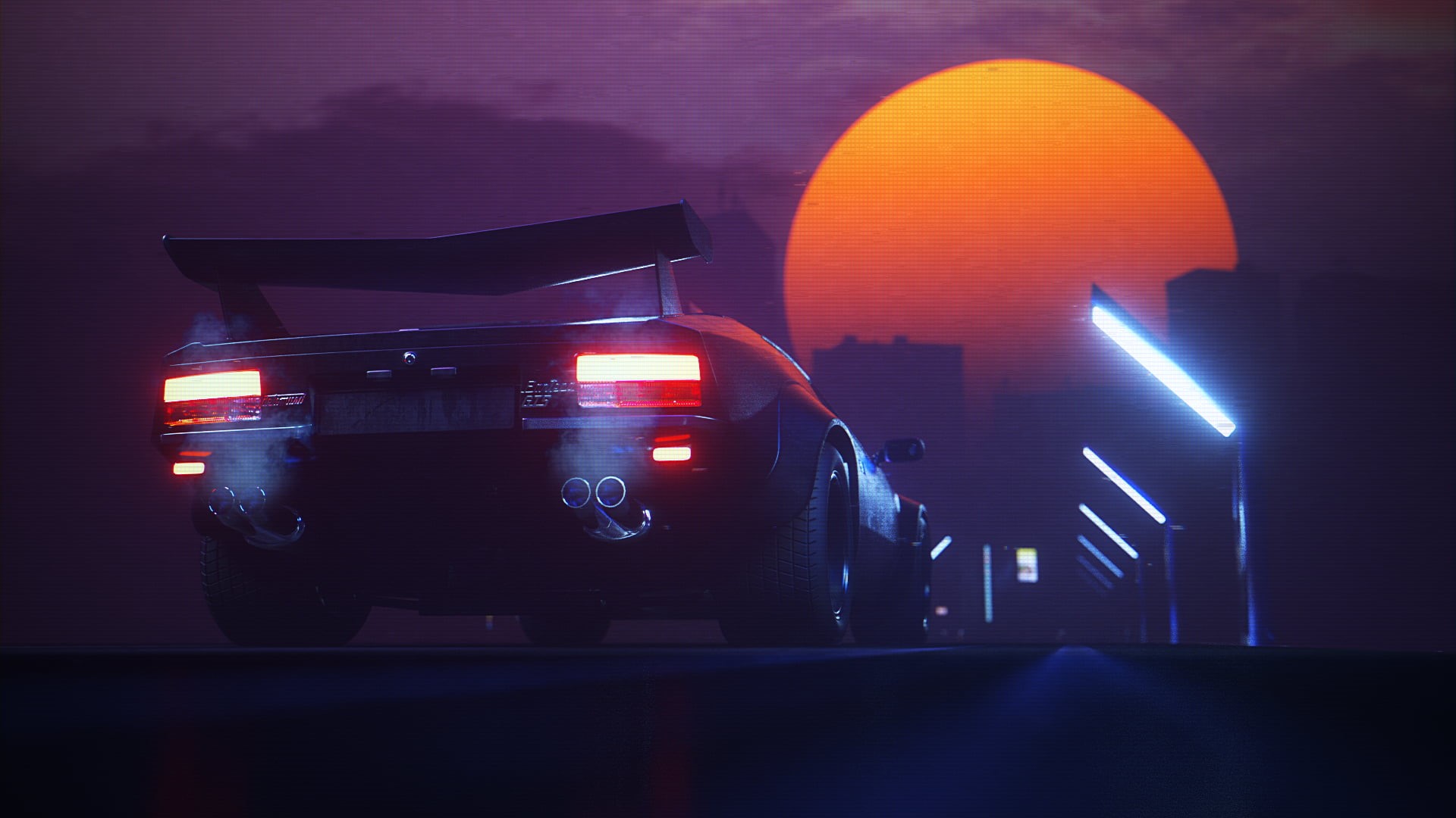 digital, car, Moon, artwork, city, road, lights, night, sports car, 1080P, Retrowave, HD Wallpaper