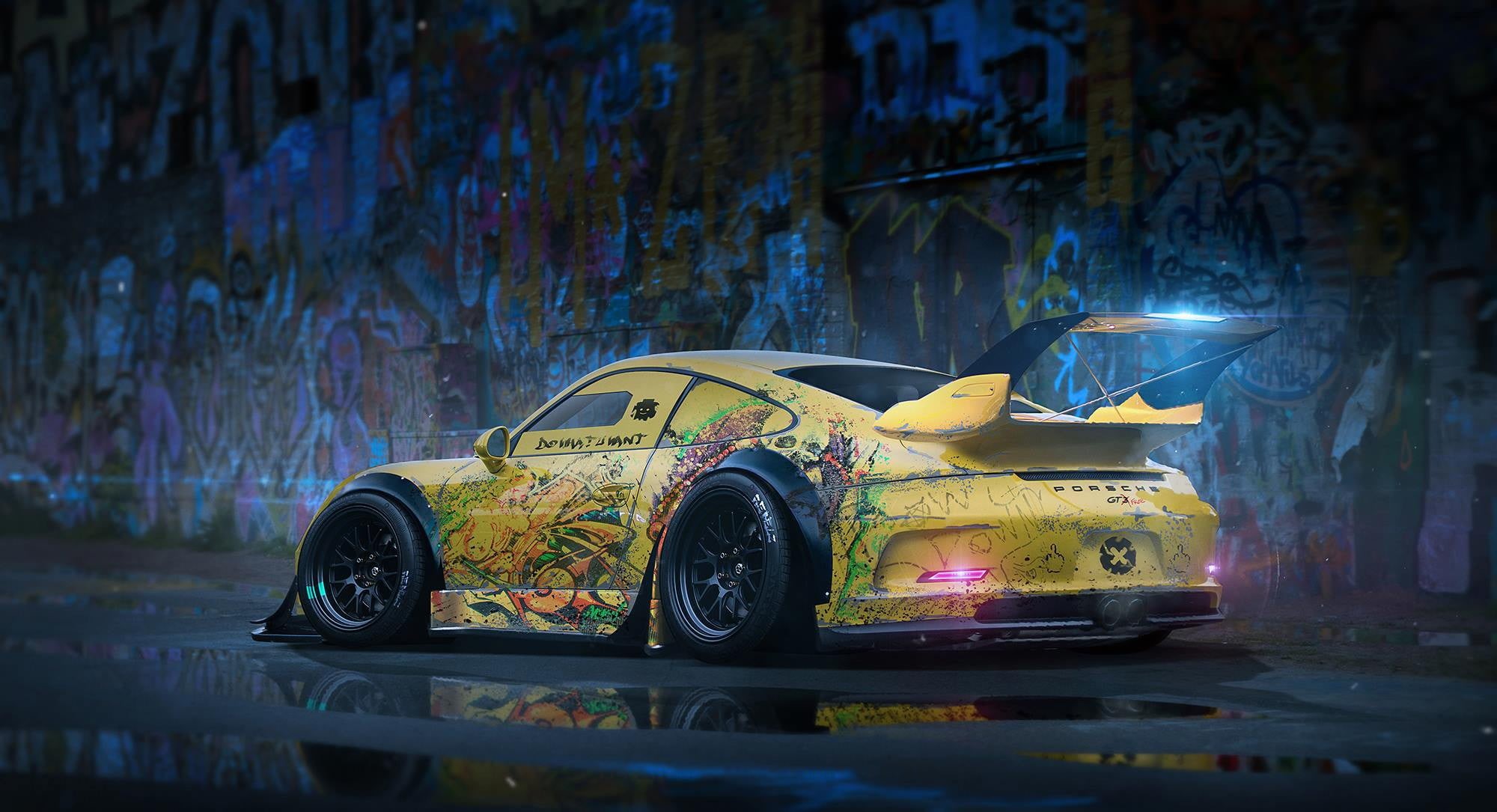 illuminated, vehicle, no people, outdoors, wet, graffiti, Porsche 911 GT3, road, motor vehicle, 1080P, Porsche, transportation, city, yellow, night, car, HD Wallpaper