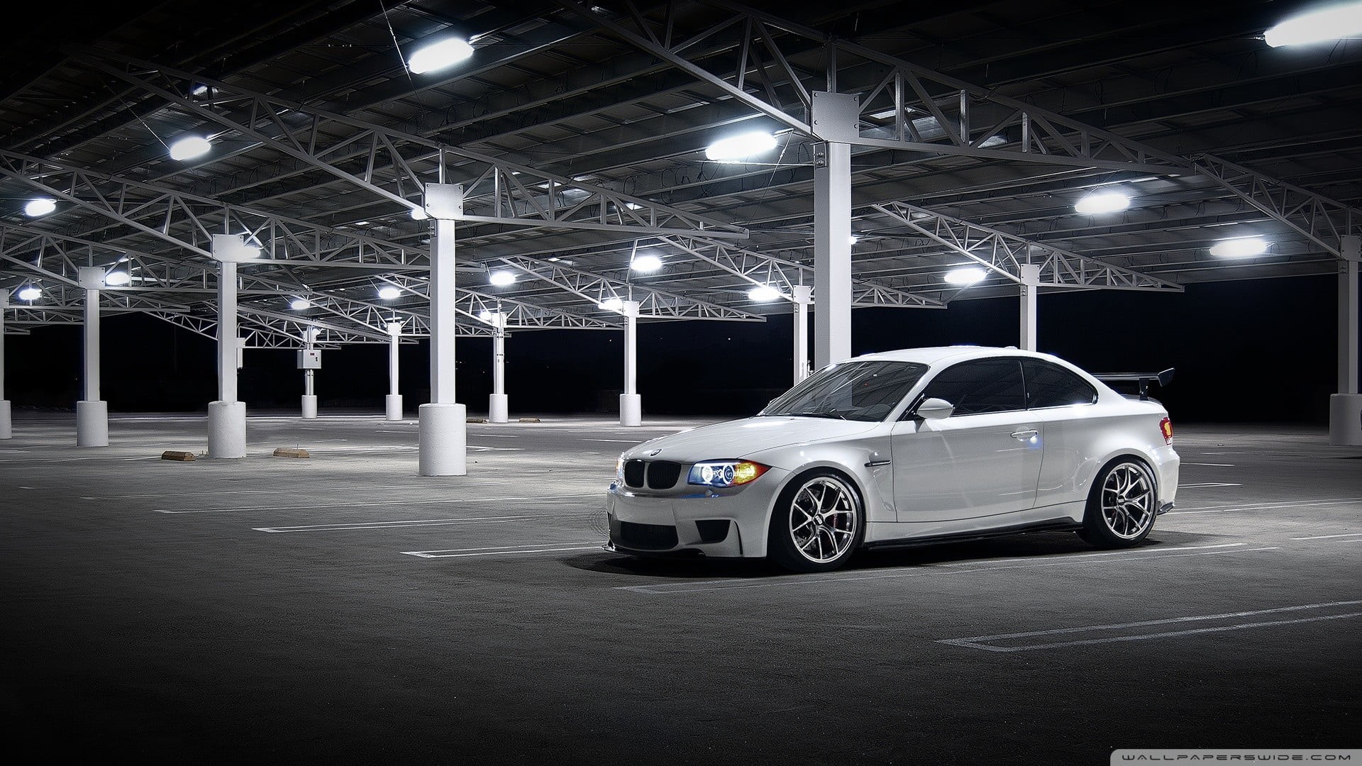 no people, ceiling, architecture, silver colored, indoors, car, 1080P, night, architectural column, motor vehicle, sports car, built structure, city, transportation, HD Wallpaper