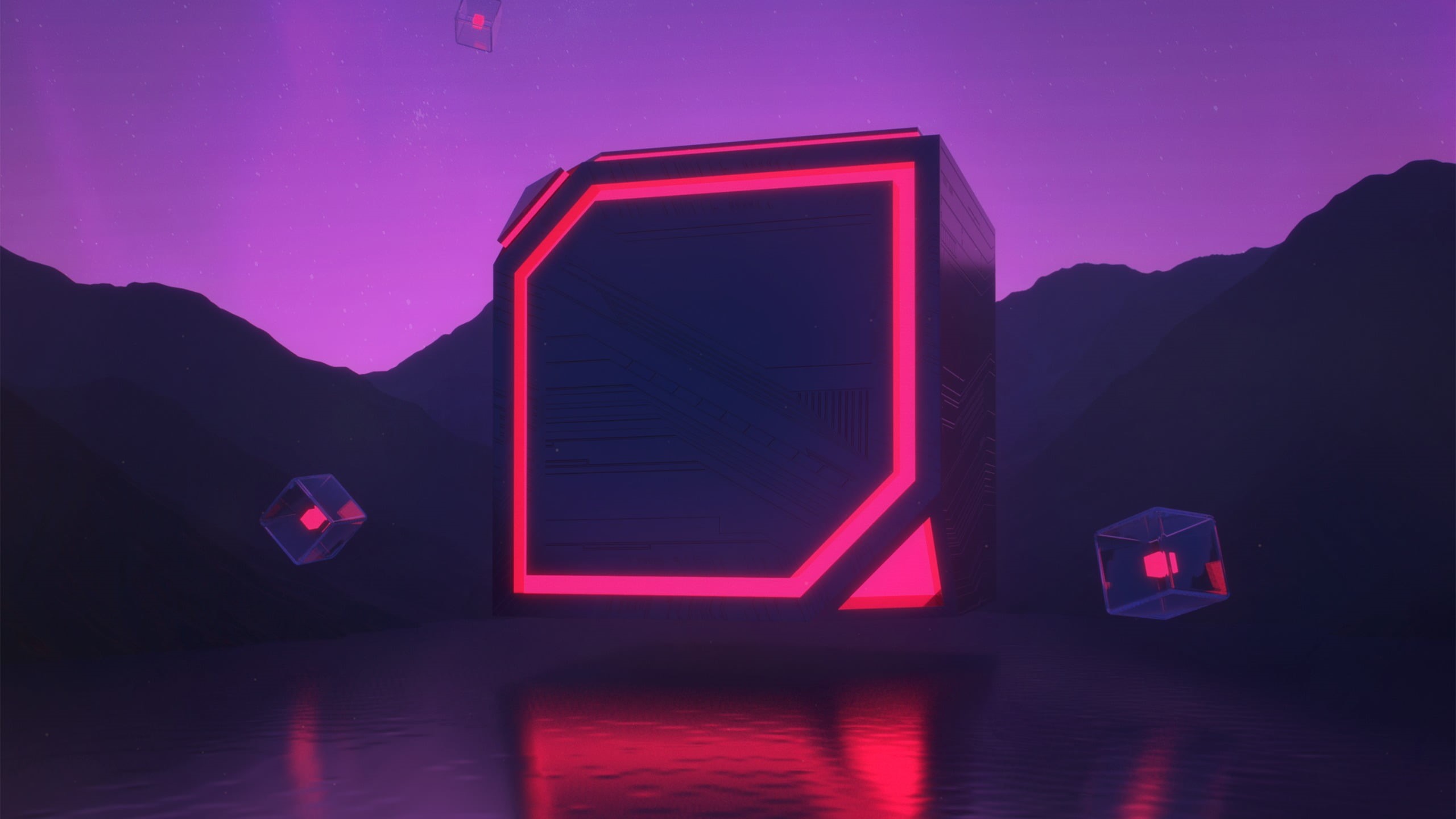 outdoors, architecture, beauty in nature, night, star - space, water, silhouette, tranquility, mountain, nature, computer, red, gaming, illuminated, digital art, HD Wallpaper