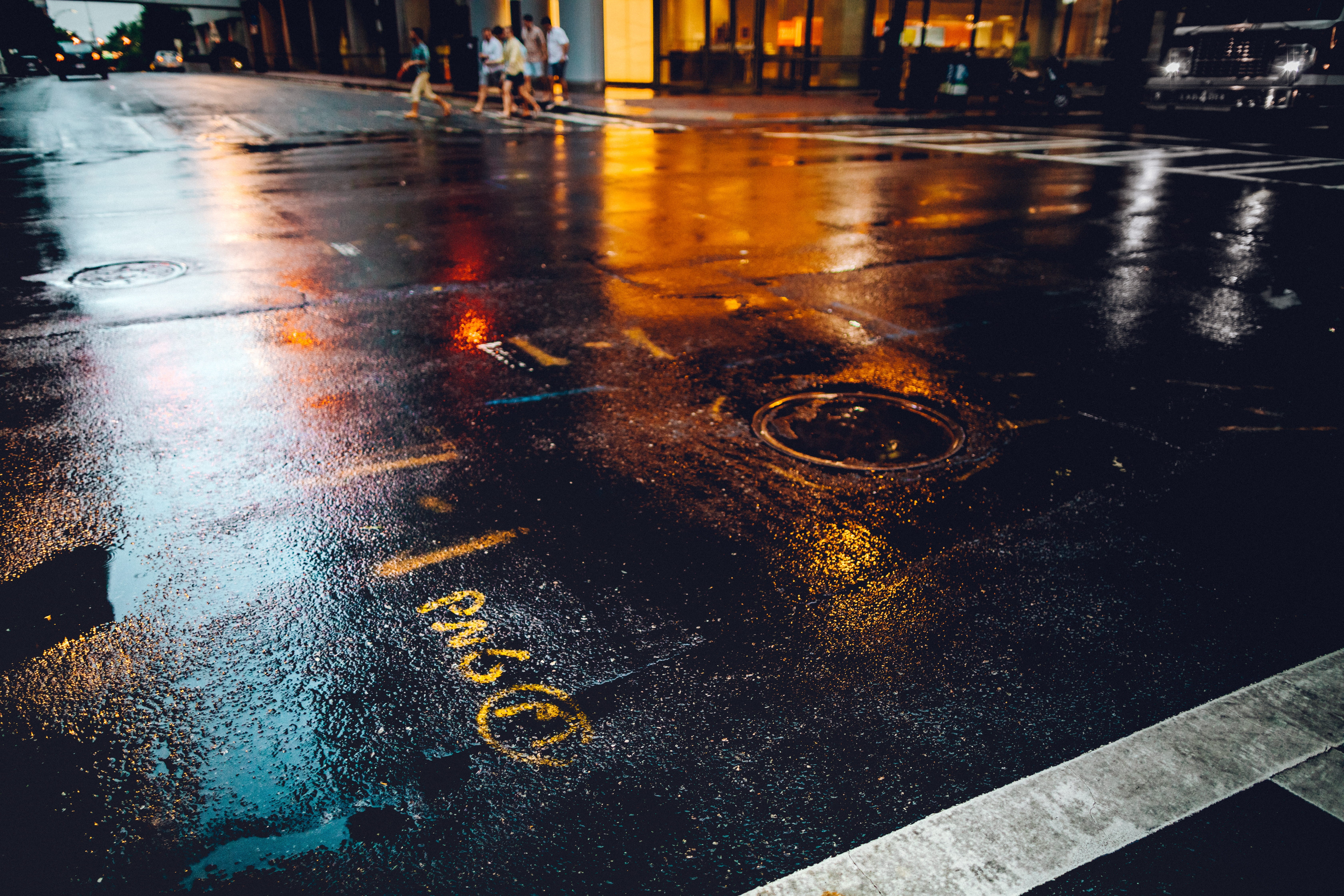 night, rain, pedestrian, sign, evening, road, sidewalk, dark, cityscape, travel, charlotte, ground, urban, traffic, asphalt, new York City, illuminated, HD Wallpaper