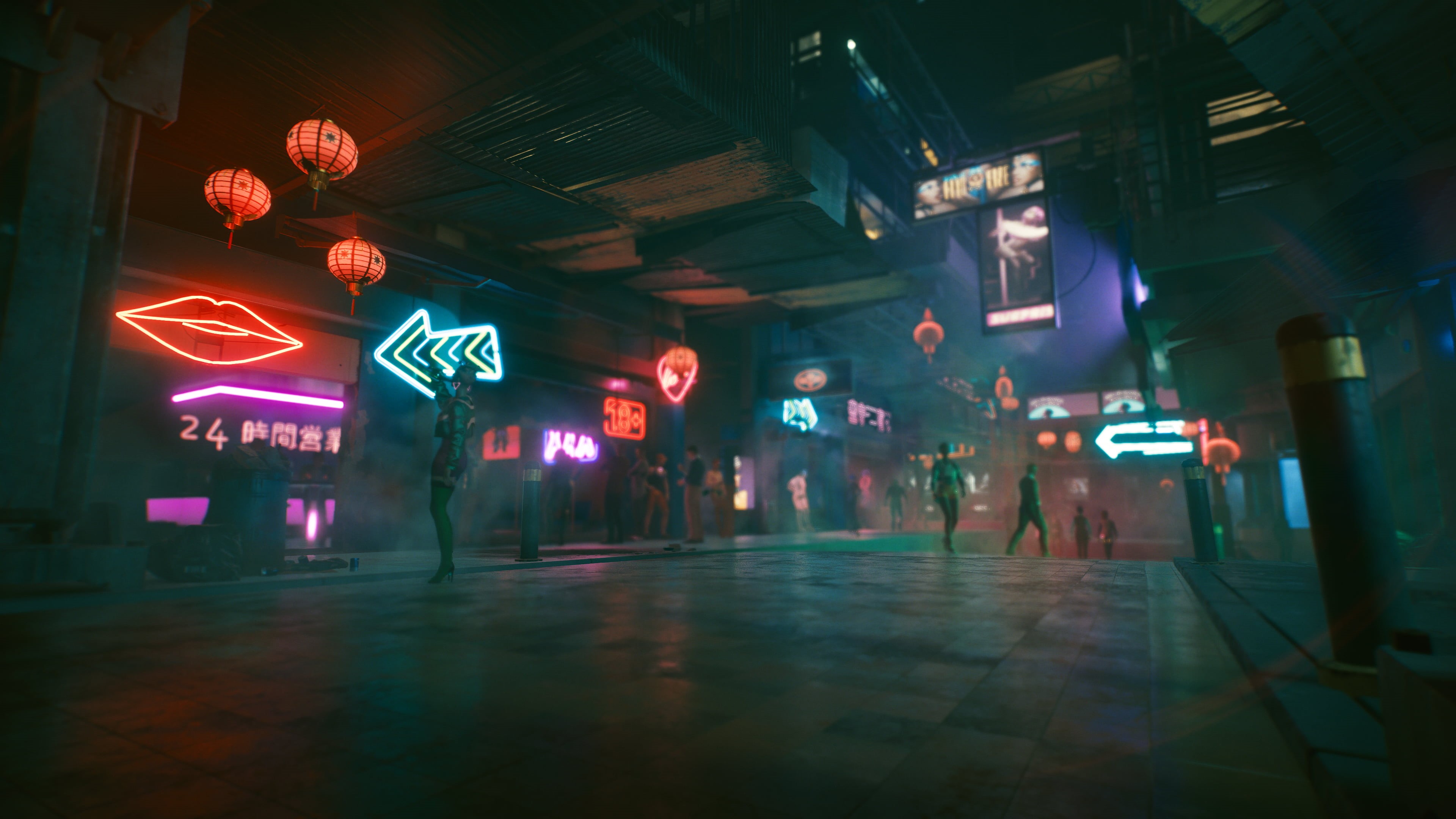 futuristic city, neon glow, hair, street art, futuristic, pub, video games, underground, street, lights, camera, tattoo, lips, drink, orange, Japan, panorama, HD Wallpaper