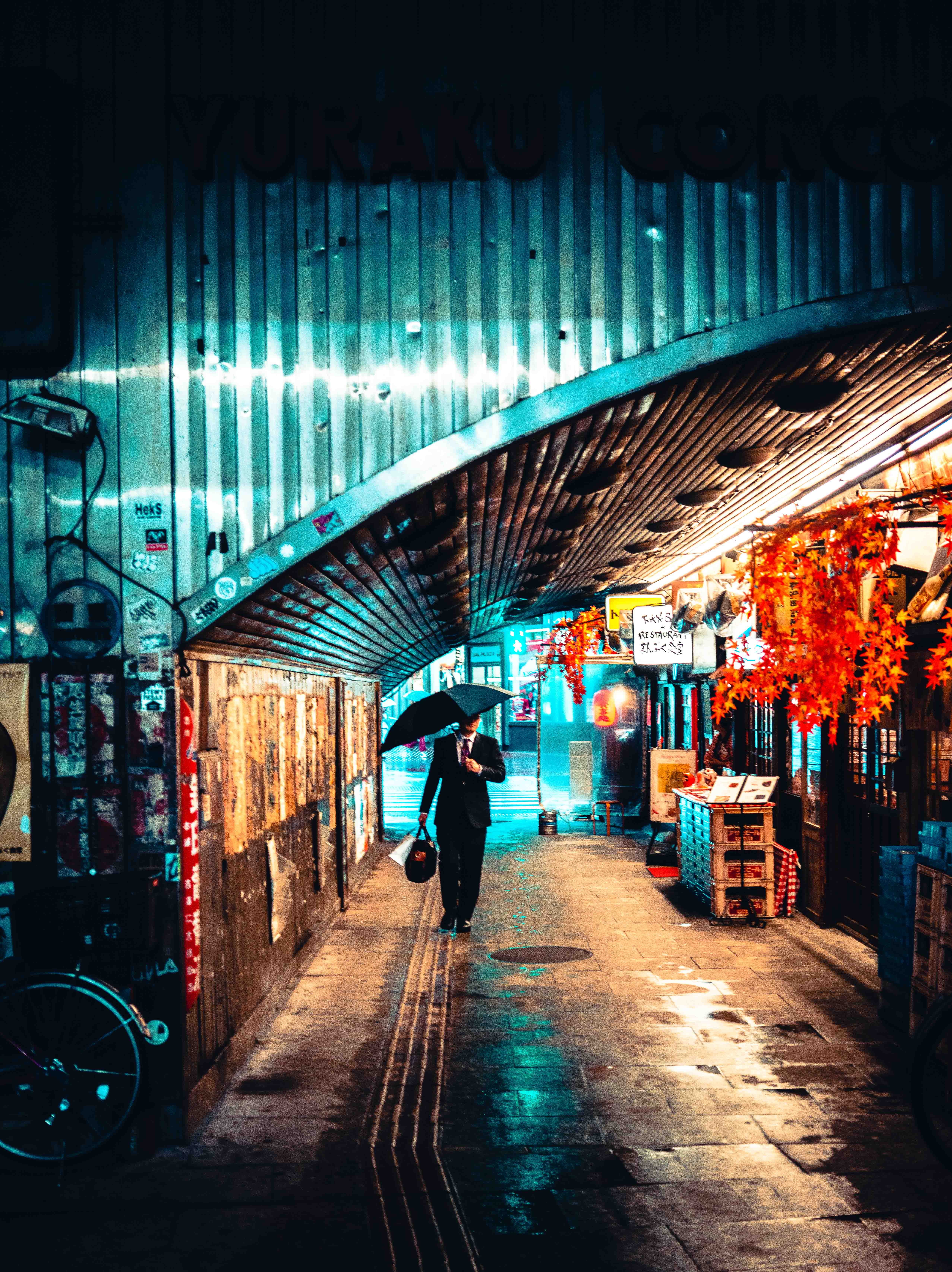  neon light, rain, umbrella, men, night, hidden face, hidden, street, urban Scene, illuminated, built Structure, famous Place, bridge, 5K, walking, Phone HD Wallpaper