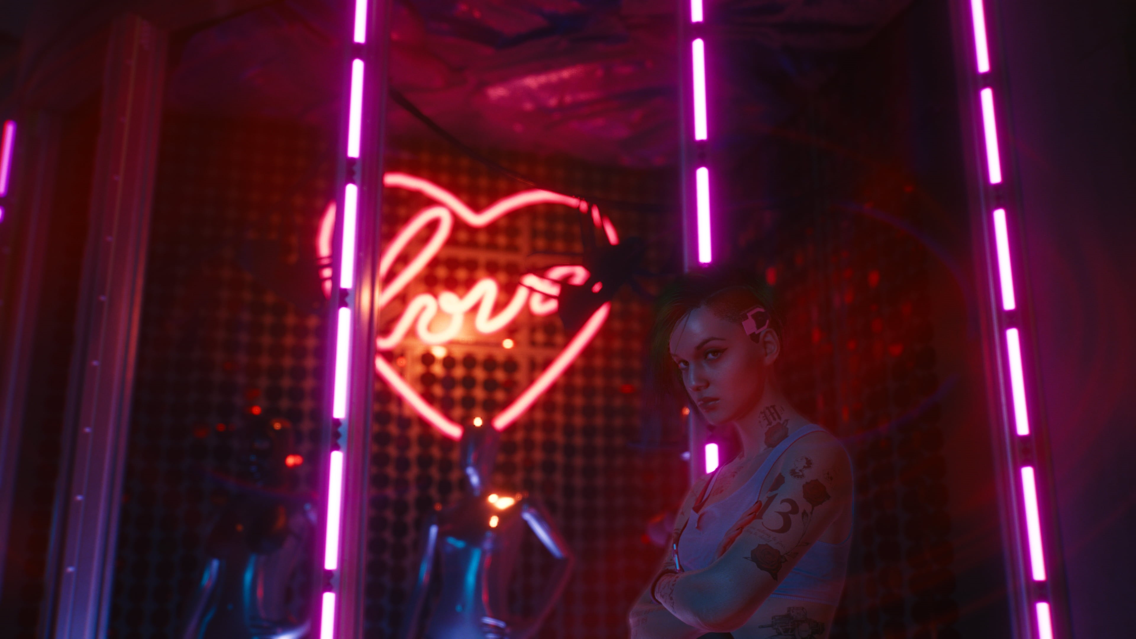 hair, green, neon glow, Cyberpunk 2077, bar, photography, orange, drink, urban, punk, science fiction, purple, pink, futuristic, lights, relaxing, rose, HD Wallpaper