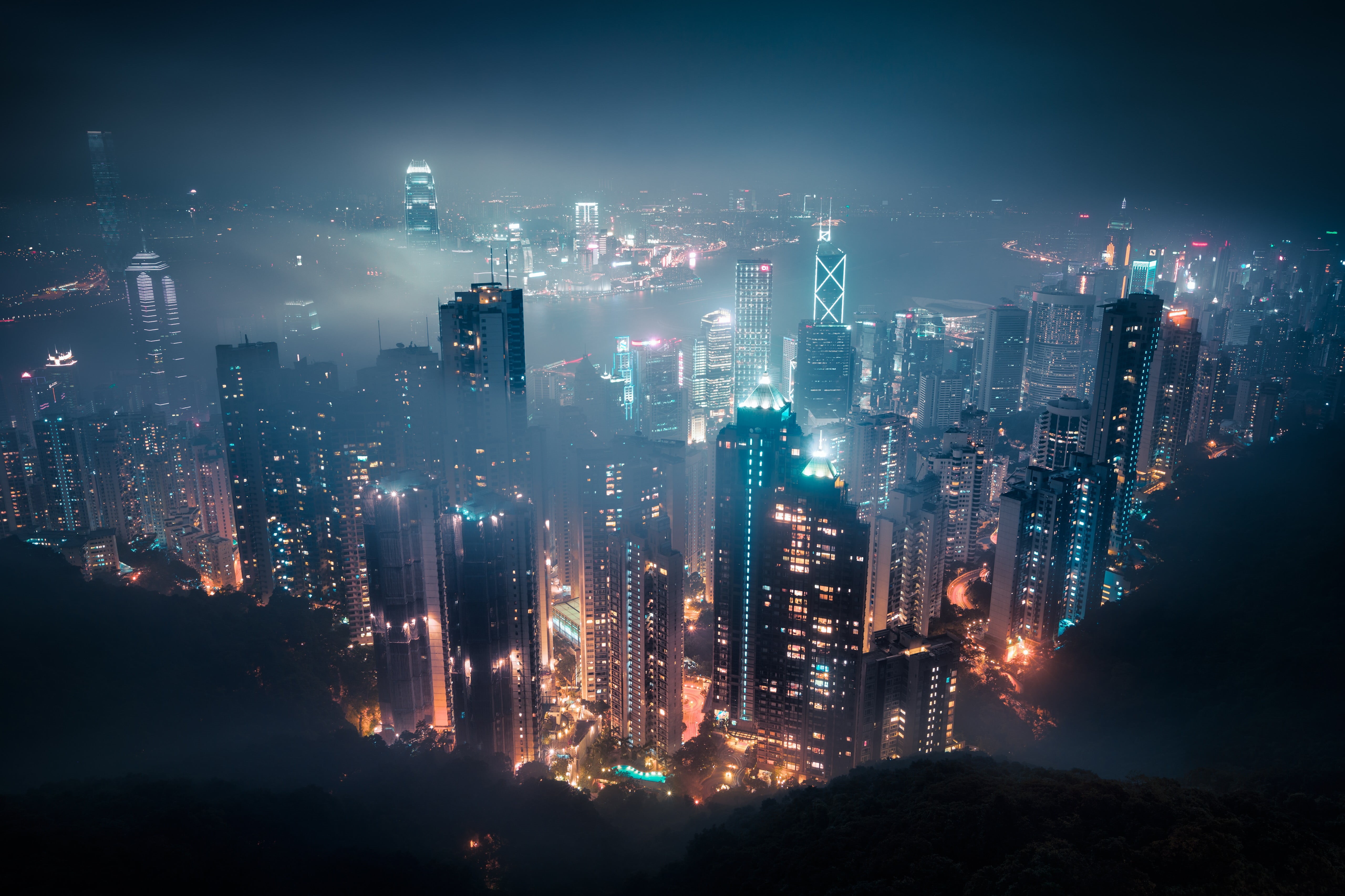 outdoors, victoria Harbour - Hong Kong, city Life, travel destinations, china - East Asia, landscaped, nature, illuminated, lights, office Building, HD Wallpaper