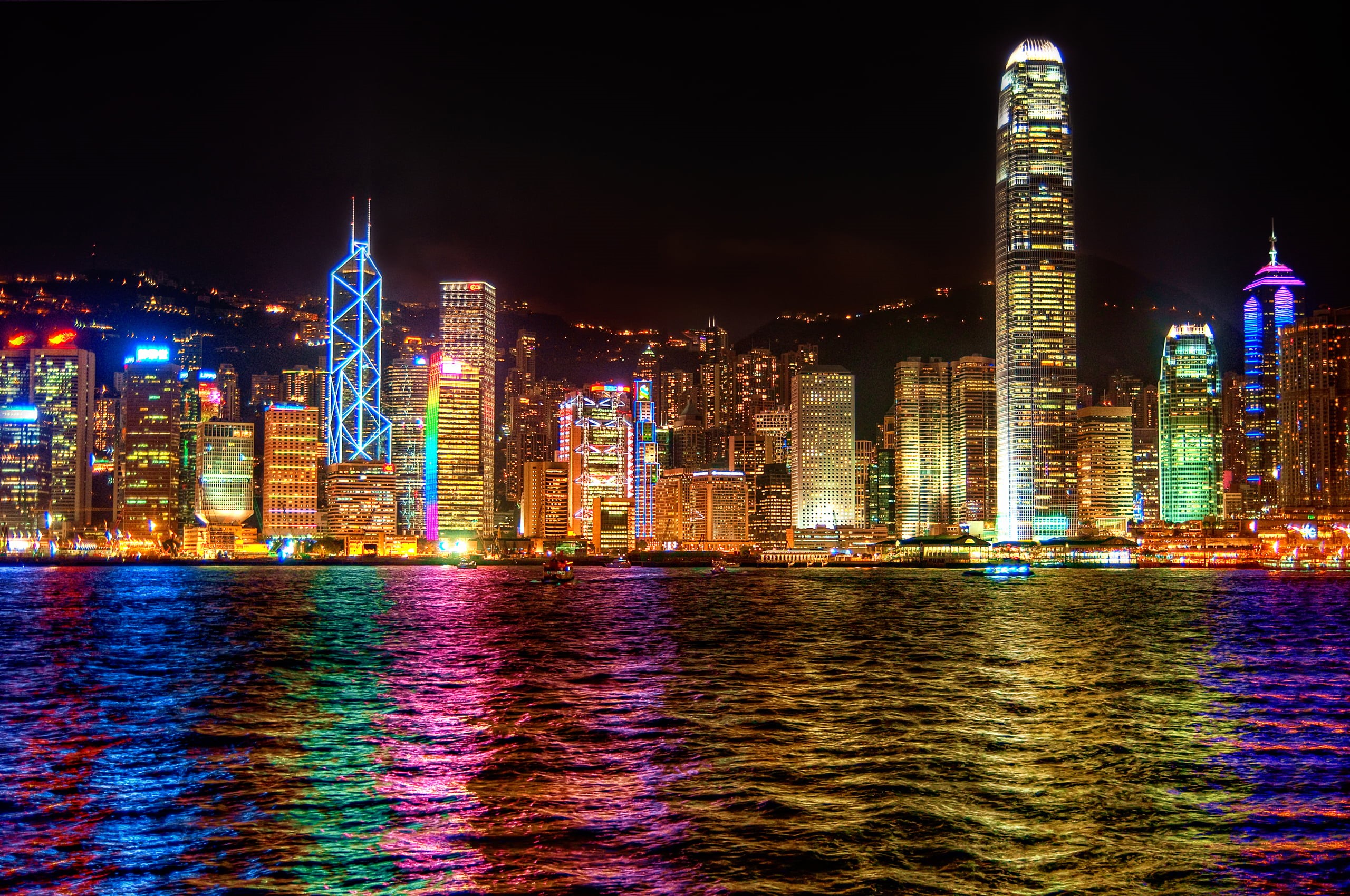 travel destinations, hong, kong, city, office building exterior, 2K, skyscraper, colorful, nightlife, building exterior, night, luxury, sky, waterfront, HD Wallpaper