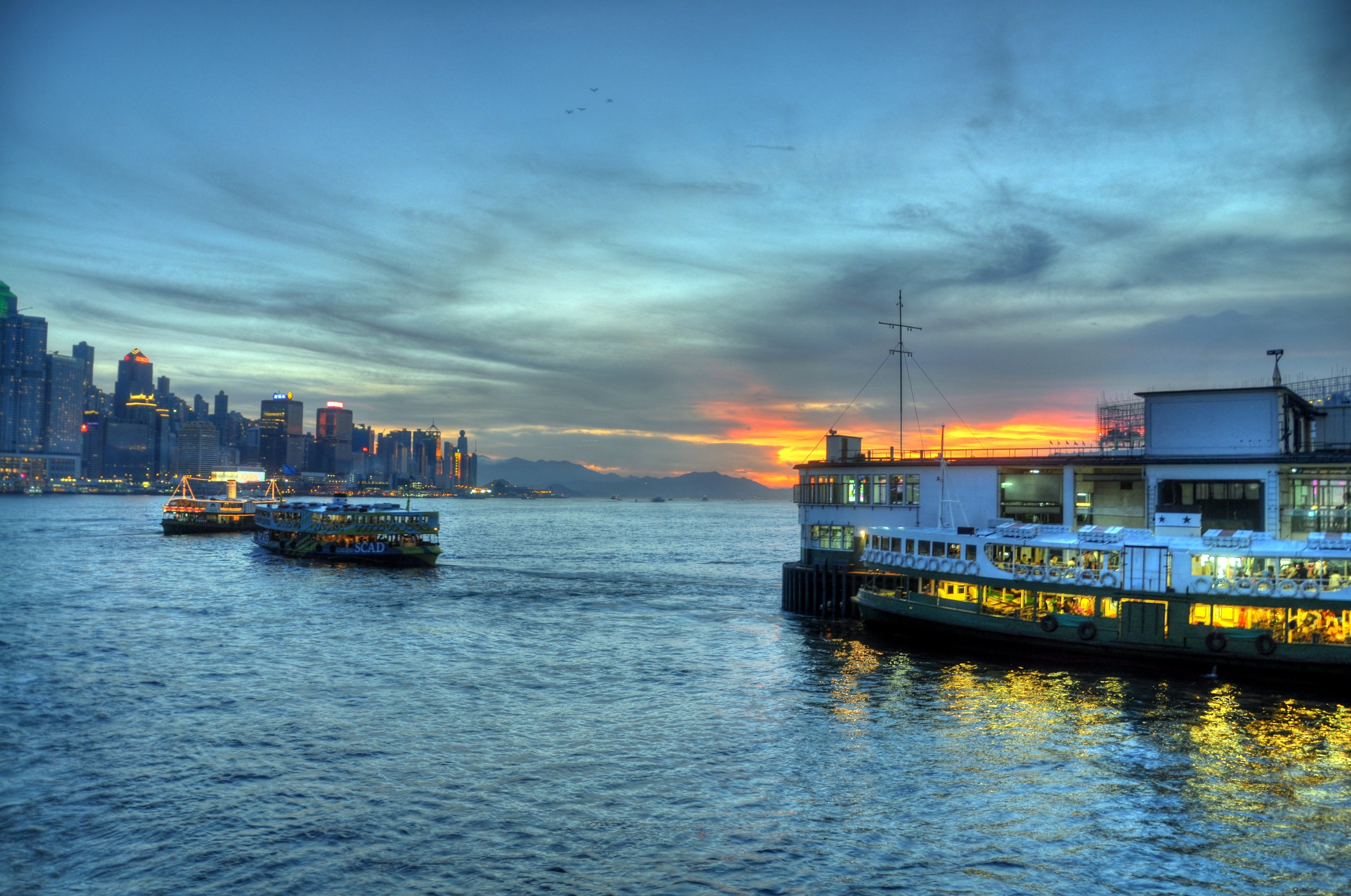 water, sunset, Star Ferry, Kowloon Peninsula, HK, Eastern Asia, Dusk, Lantau Island, travel, Peoples Republic of China, urban Skyline, urban Scene, architecture, HD Wallpaper