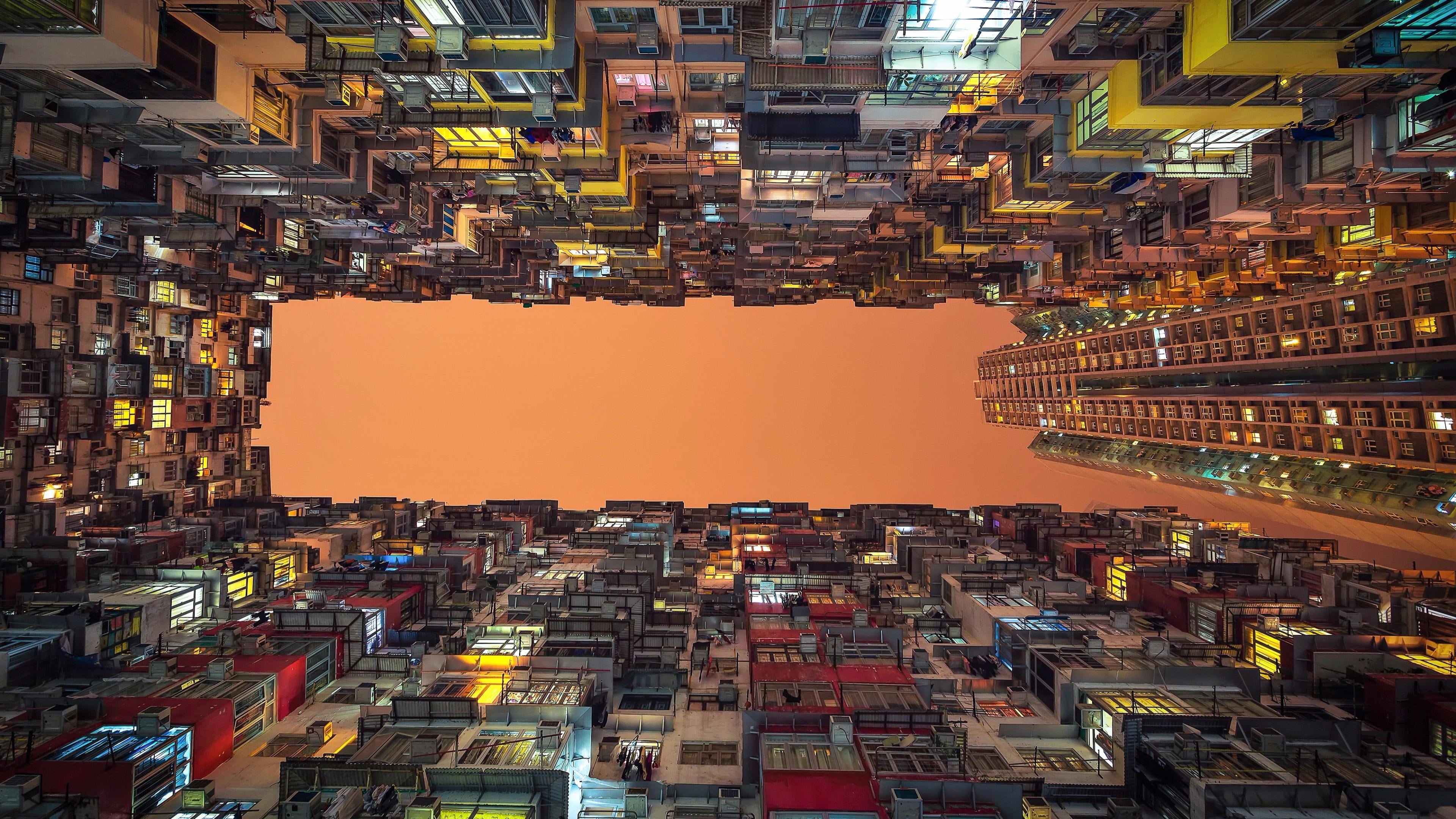 no people, built structure, orange color, dusk, city, hong kong, residential district, window, night, office building exterior, skyscraper, outdoors, sky, HD Wallpaper