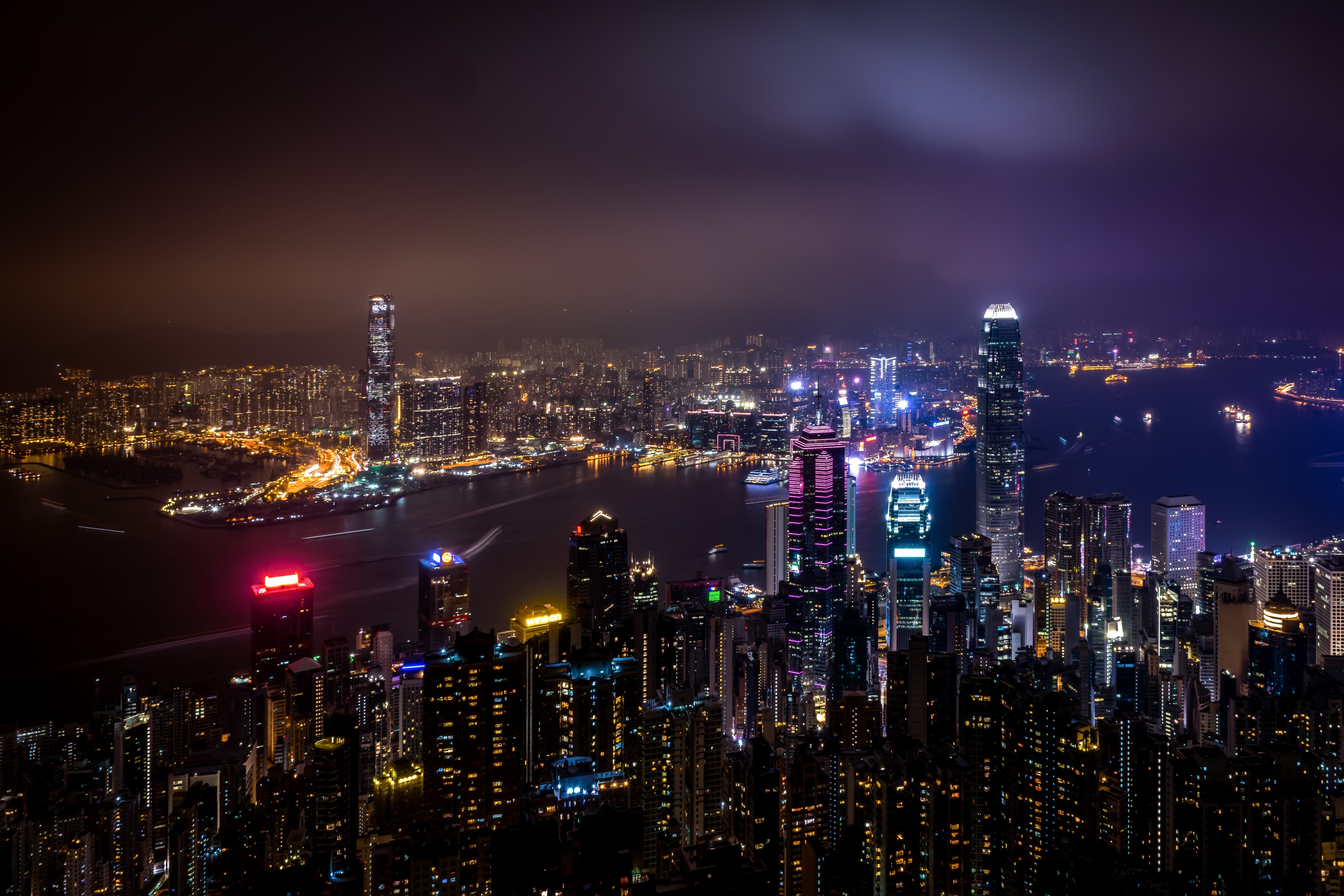 sky, asia, travel, building, financial District, modern, skyscrapers, famous Place, victoria - Hong Kong, hong Kong Island, tower, city lights, urban Skyline, HD Wallpaper
