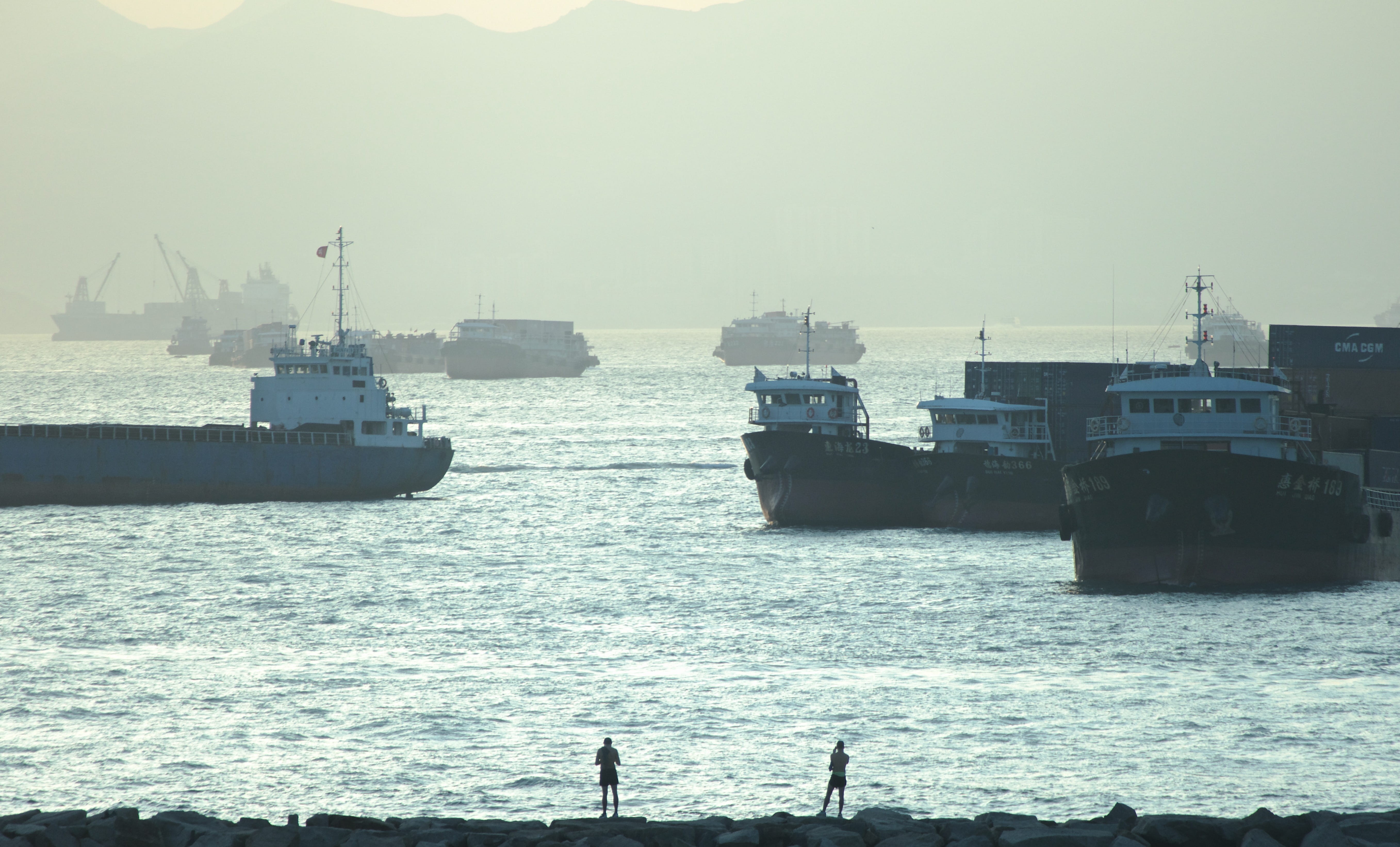 day, travel, cargo pier, west kowloon, transportation, real people, sea, sailboat, ship, nature, silhouette, passenger craft, hong kong, sky, nautical vessel, HD Wallpaper