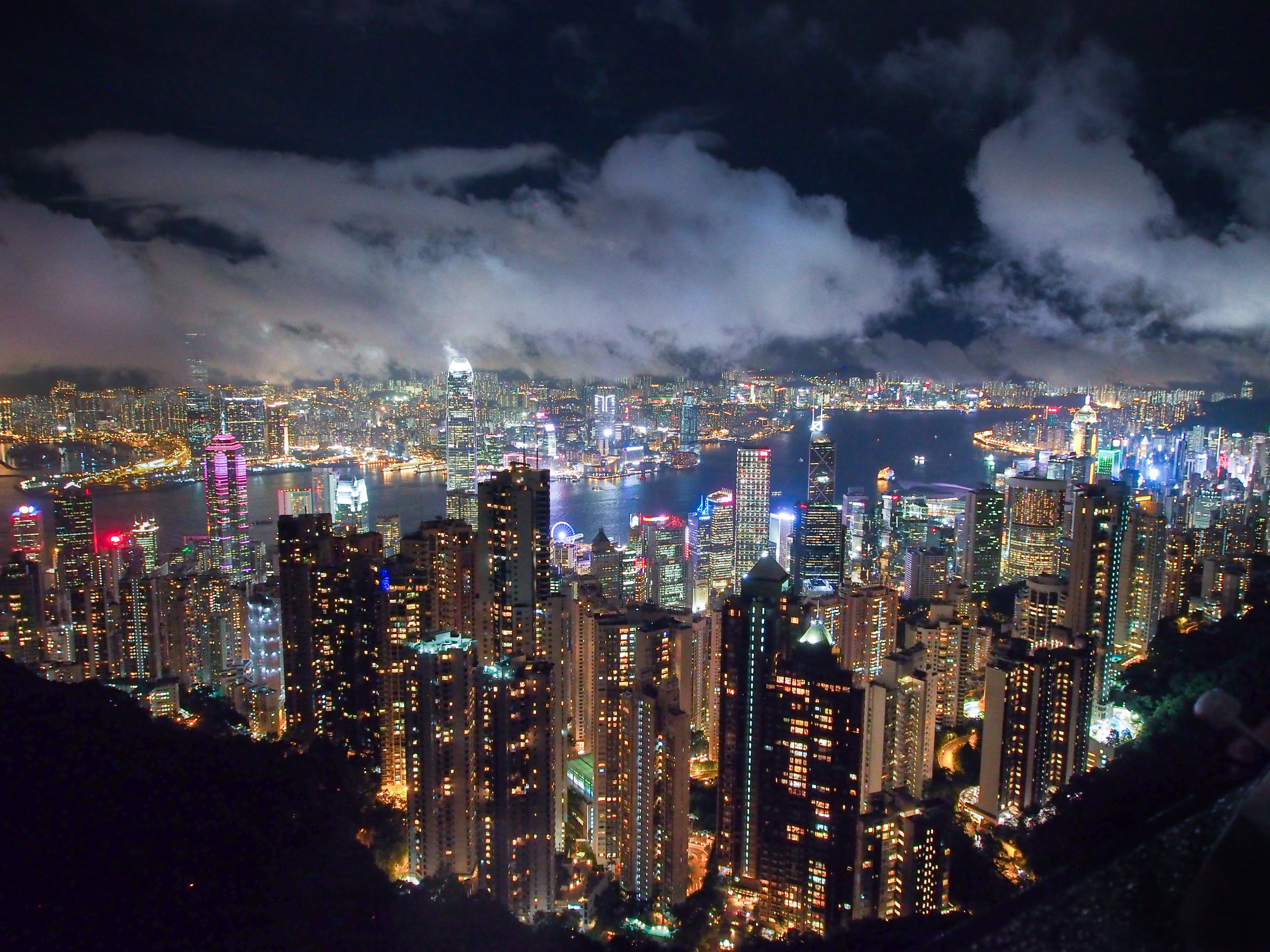 victoria Harbour - Hong Kong, business, china - East Asia, high angle view, buildings, outdoors, lighted, kowloon, building, office building exterior, night time, HD Wallpaper