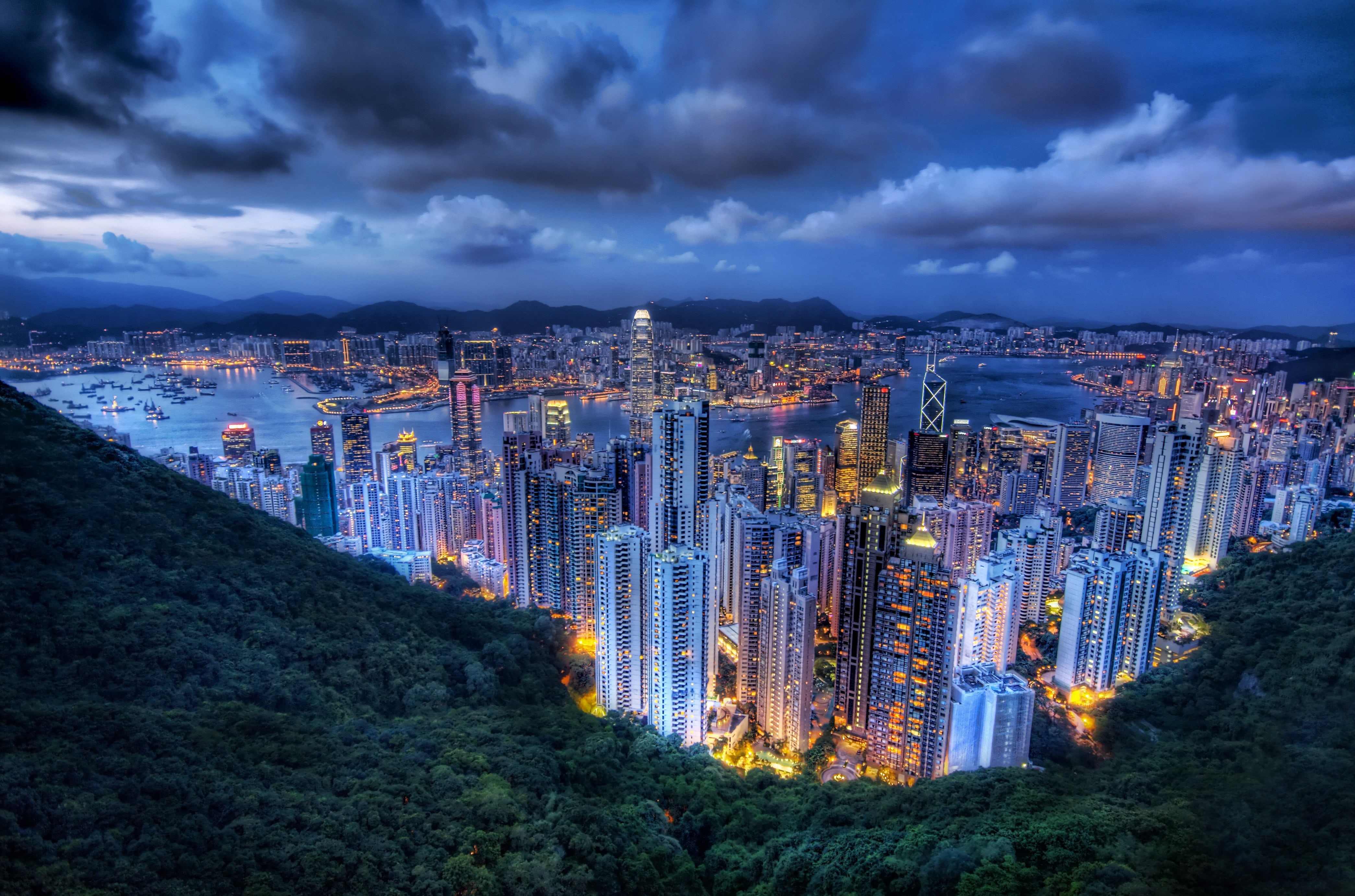 kowloon, Hong Kong, nightlife, famous Place, urban Scene, urban Skyline, Portfolio, clouds, travel, cityscape, light, hong  kong, skyscraper, birds, view, HD Wallpaper