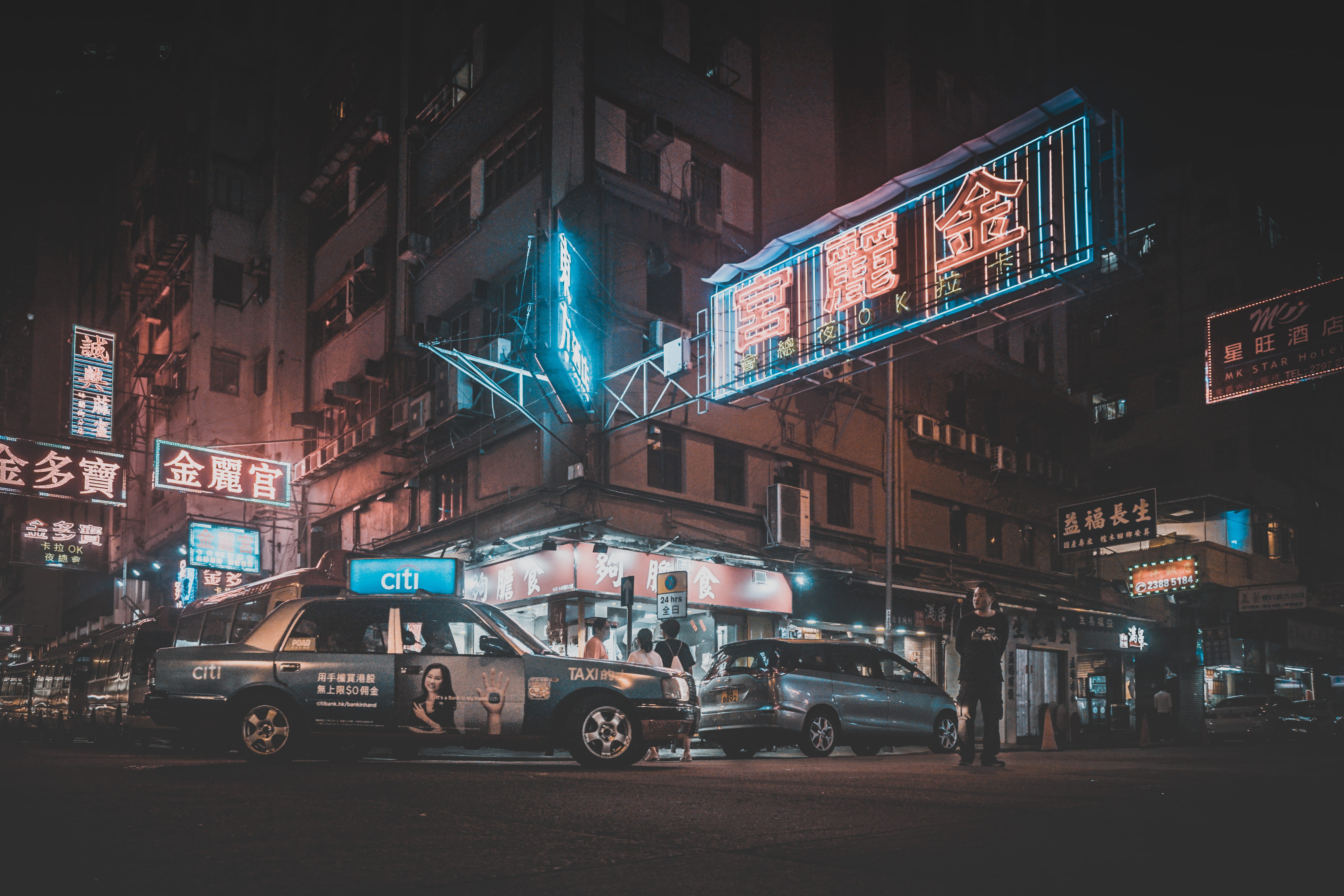 neon, 5K, transportation, motor vehicle, built structure, mong kok, night, person, vehicle, town, near, car, metropolis, taxi, machine, mode of transportation, HD Wallpaper